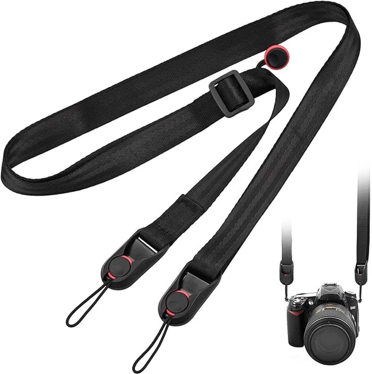 Camera Strap Compact - Wrist Strap for DSLR Camera - Neck Strap Band - Belt - Shoulder Strap - Camera Strap Set - Carrying Strap - Adjustable Length - Suitable for Canon, Nikon, Sony DSLR - Black