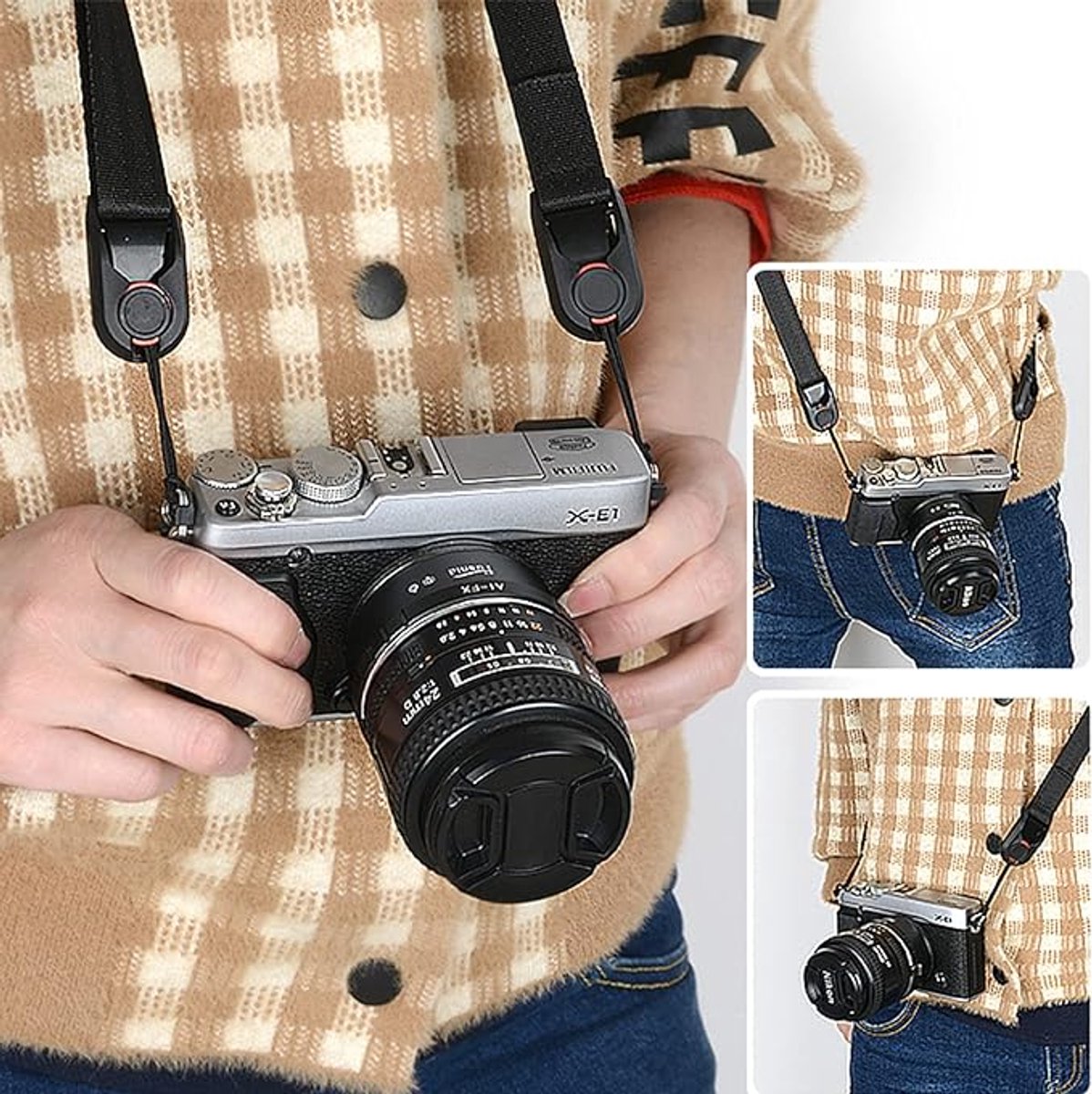 Camera Strap Compact - Wrist Strap for DSLR Camera - Neck Strap Band - Belt - Shoulder Strap - Camera Strap Set - Carrying Strap - Adjustable Length - Suitable for Canon, Nikon, Sony DSLR - Black