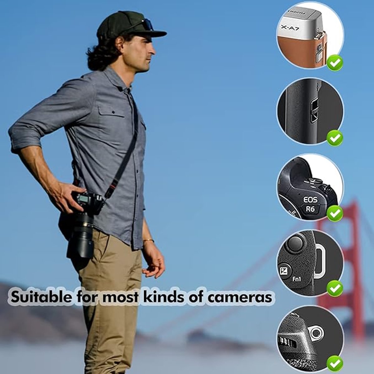 Camera Strap Compact - Wrist Strap for DSLR Camera - Neck Strap Band - Belt - Shoulder Strap - Camera Strap Set - Carrying Strap - Adjustable Length - Suitable for Canon, Nikon, Sony DSLR - Black