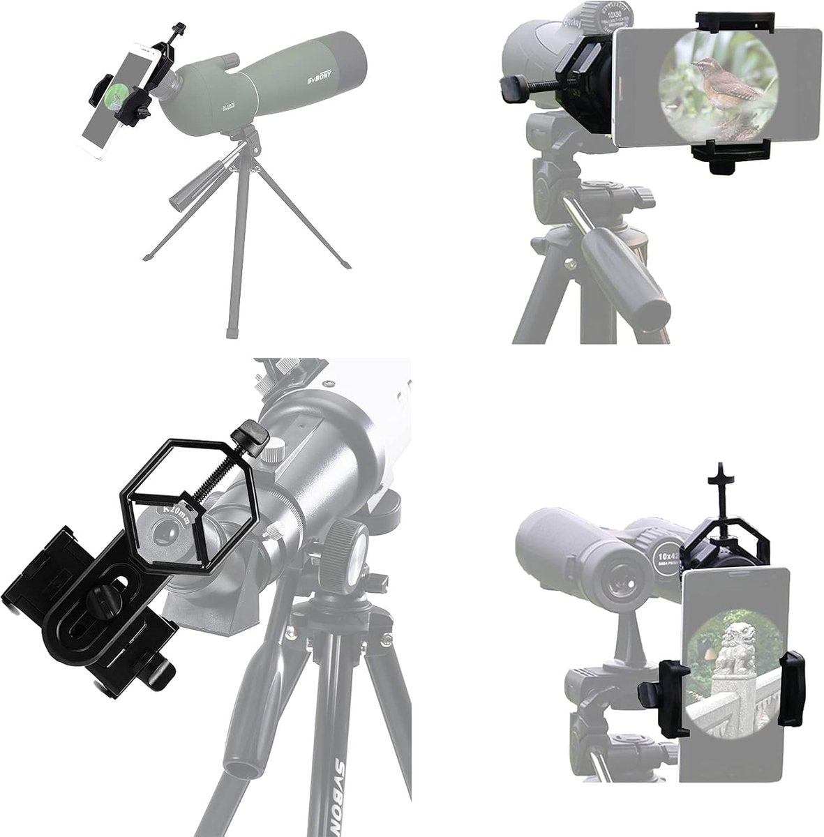 Universal Phone Holder for Telescope - For Eyepiece Diameter Ø 2.5 - 4.8cm - Mobile Phone Adapter Mount - Clip-on Design - For Spotter's Binoculars / Telescope - Adjustable - Black - ABS and Aluminum Alloy
