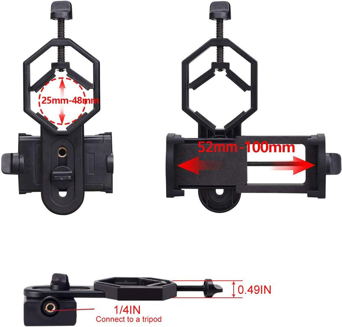 Universal Phone Holder for Telescope - For Eyepiece Diameter Ø 2.5 - 4.8cm - Mobile Phone Adapter Mount - Clip-on Design - For Spotter's Binoculars / Telescope - Adjustable - Black - ABS and Aluminum Alloy