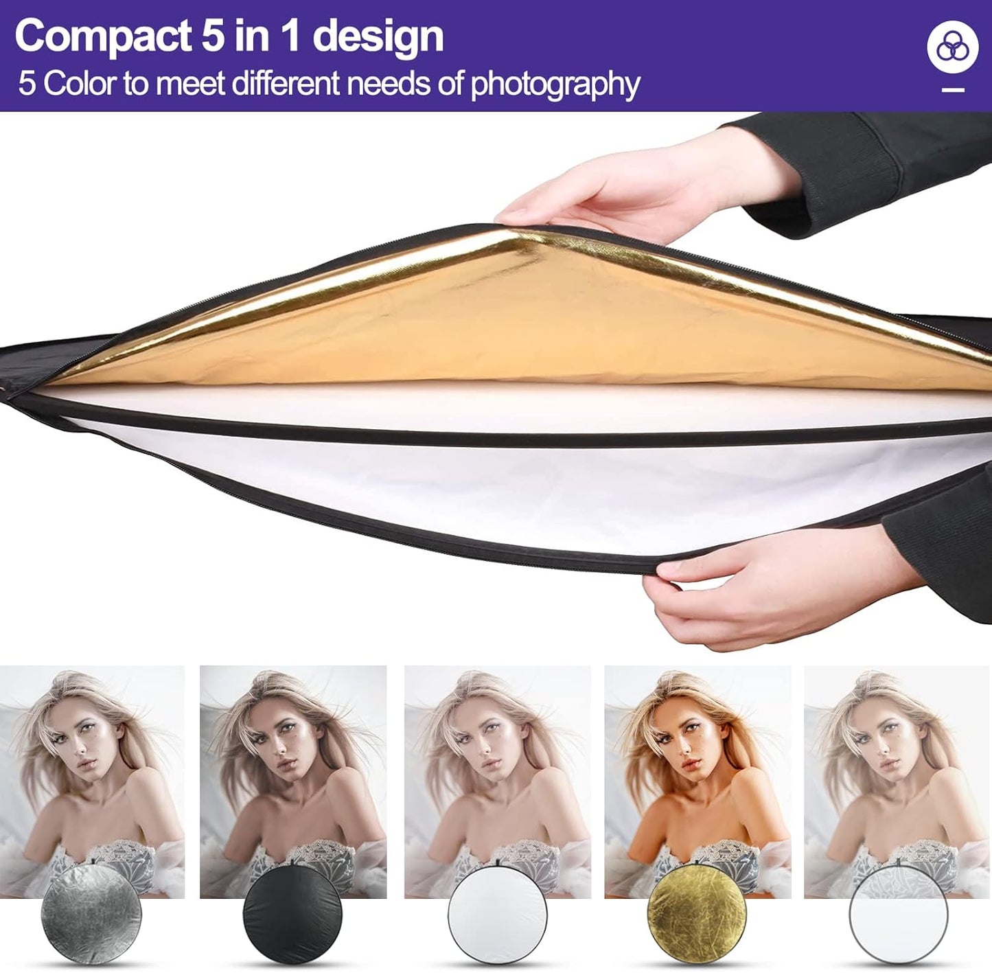 5-in-1 Foldable Light Reflector 60 x 90 cm Large Oval Portable Photo Reflector with Carrying Bag