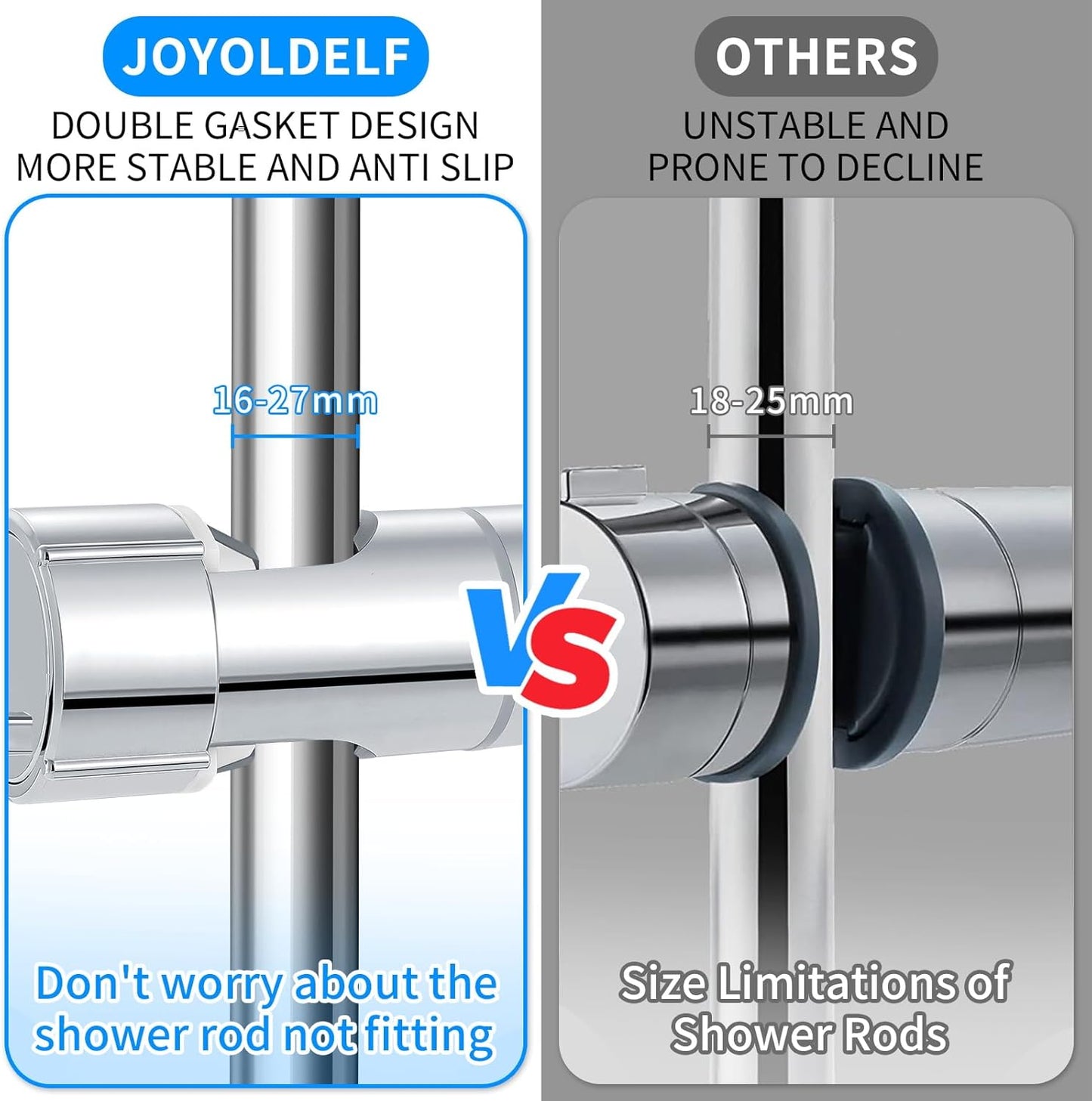 Shower Head Holder - Universal 16-27mm Connection - Adjustable Height - 360 Degree Rotatable