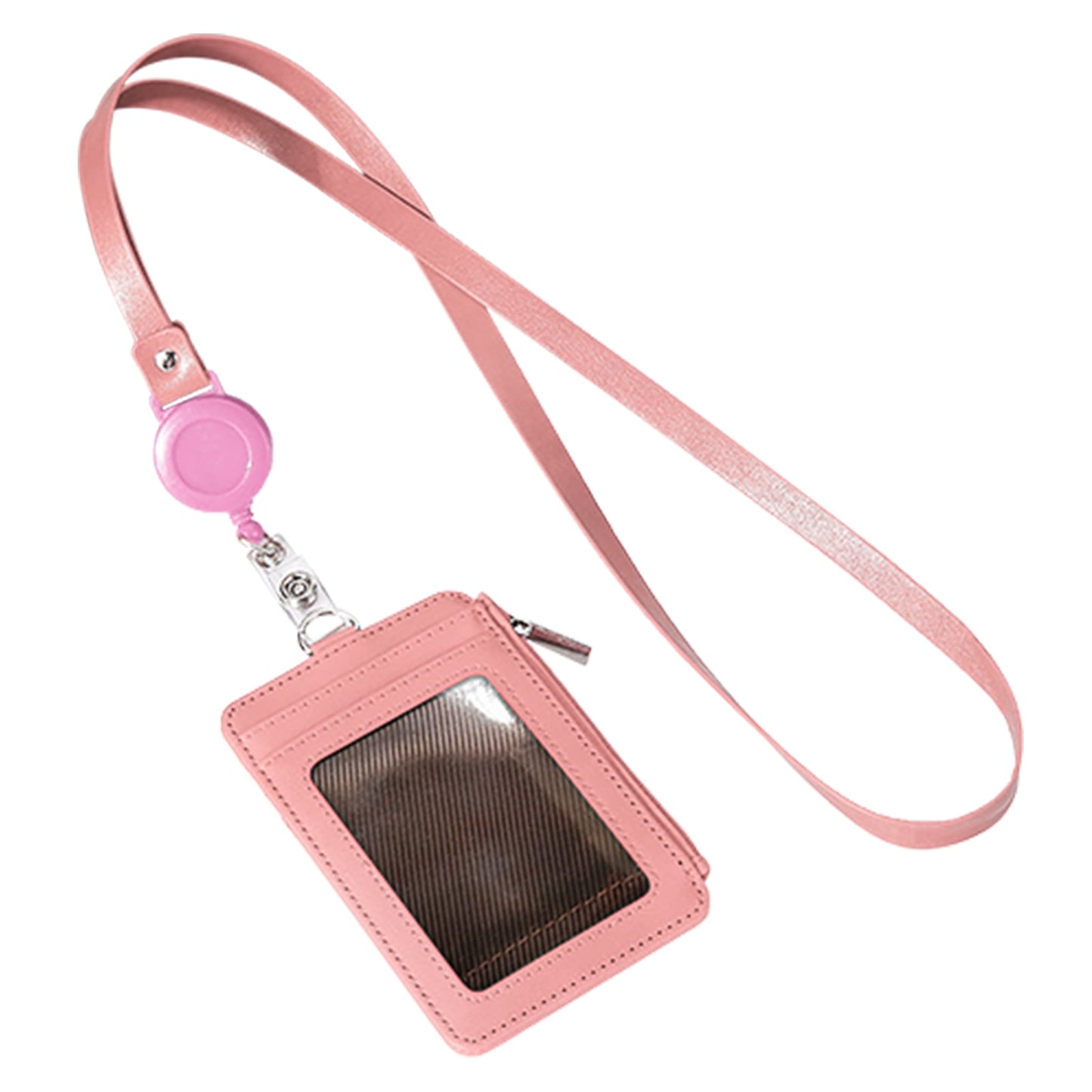Slim PU Leather ID Badge Holder Wallet,with Zip, Neck Lanyard & Retractable Reel,ID Card Wallet, Badge Holder with Lanyard, PU Leather Badge Case, Retractable Badge Reel Holder(Red) Pink
