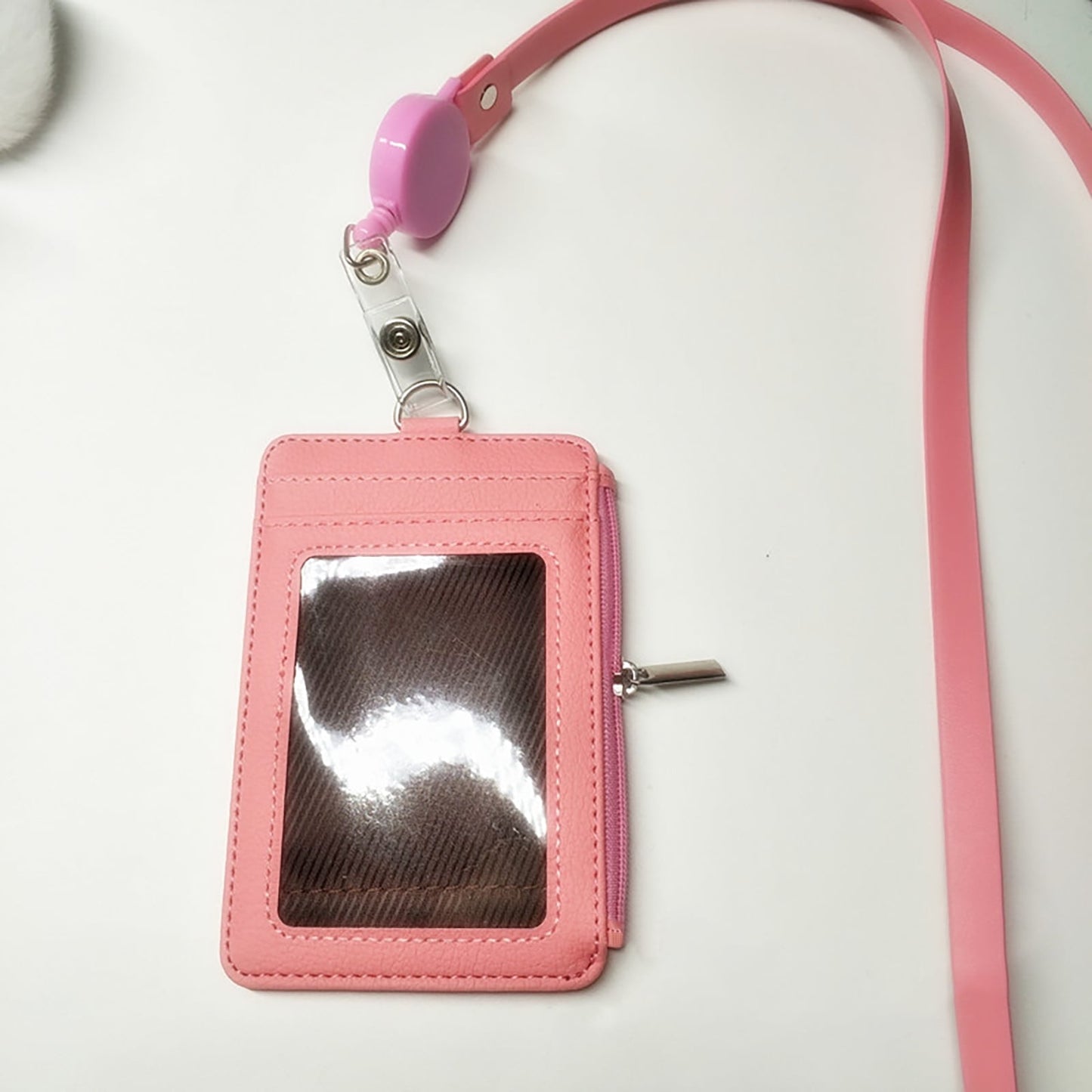 Slim PU Leather ID Badge Holder Wallet,with Zip, Neck Lanyard & Retractable Reel,ID Card Wallet, Badge Holder with Lanyard, PU Leather Badge Case, Retractable Badge Reel Holder(Red) Pink