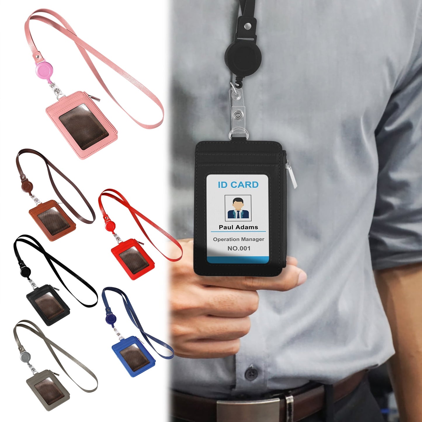 Slim PU Leather ID Badge Holder Wallet,with Zip, Neck Lanyard & Retractable Reel,ID Card Wallet, Badge Holder with Lanyard, PU Leather Badge Case, Retractable Badge Reel Holder(Red) Pink