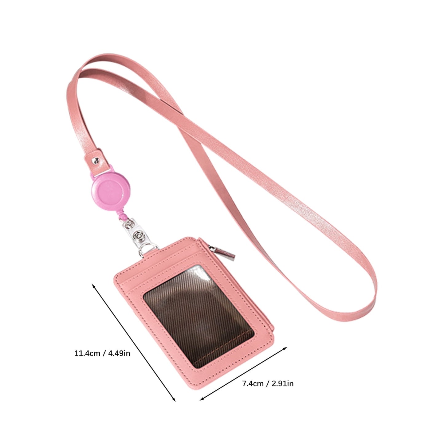 Slim PU Leather ID Badge Holder Wallet,with Zip, Neck Lanyard & Retractable Reel,ID Card Wallet, Badge Holder with Lanyard, PU Leather Badge Case, Retractable Badge Reel Holder(Red) Pink