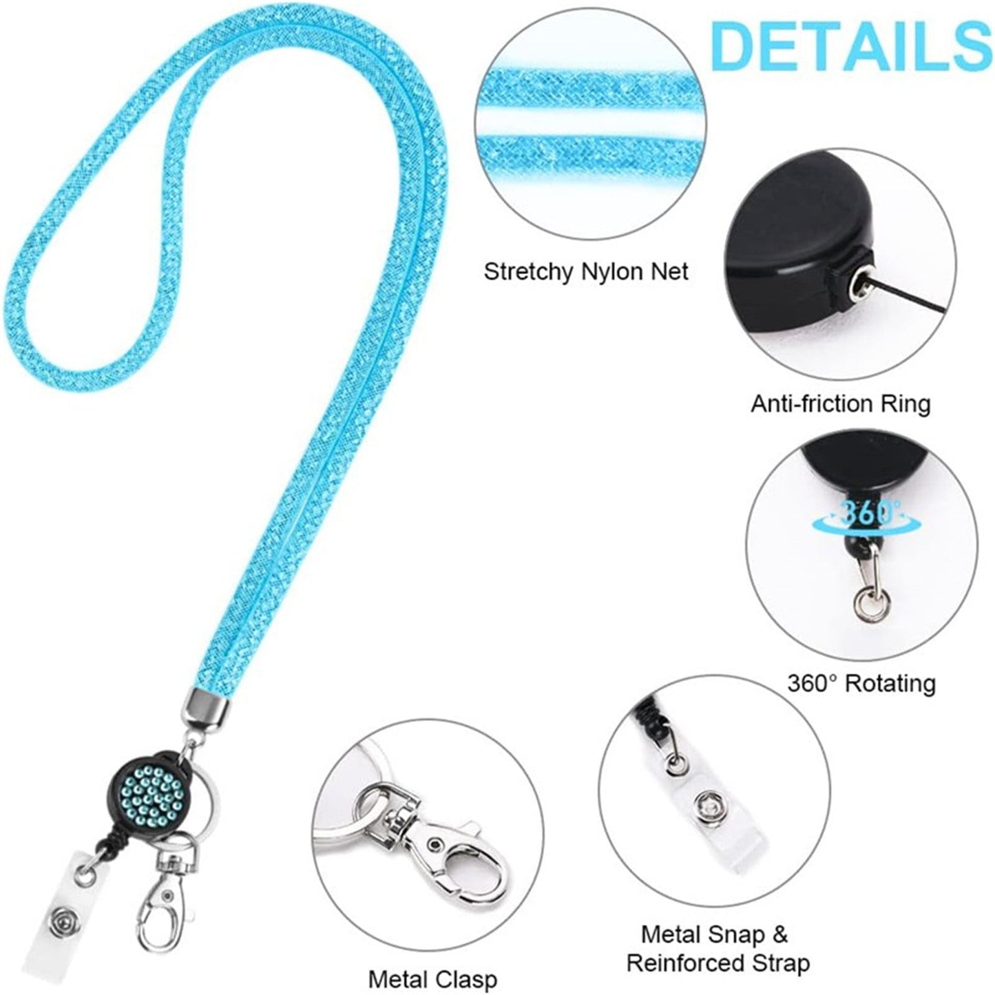 Retractable ID Badge Holder with Bling Neck Strap Lanyard, Heavy Duty Bling Badge Reel with Clear Card Holder for Office Worker Teacher Doctor (Sky Blue/1 Pcs) 3.54x2.64 3.54" x 2.64" Hot Pink