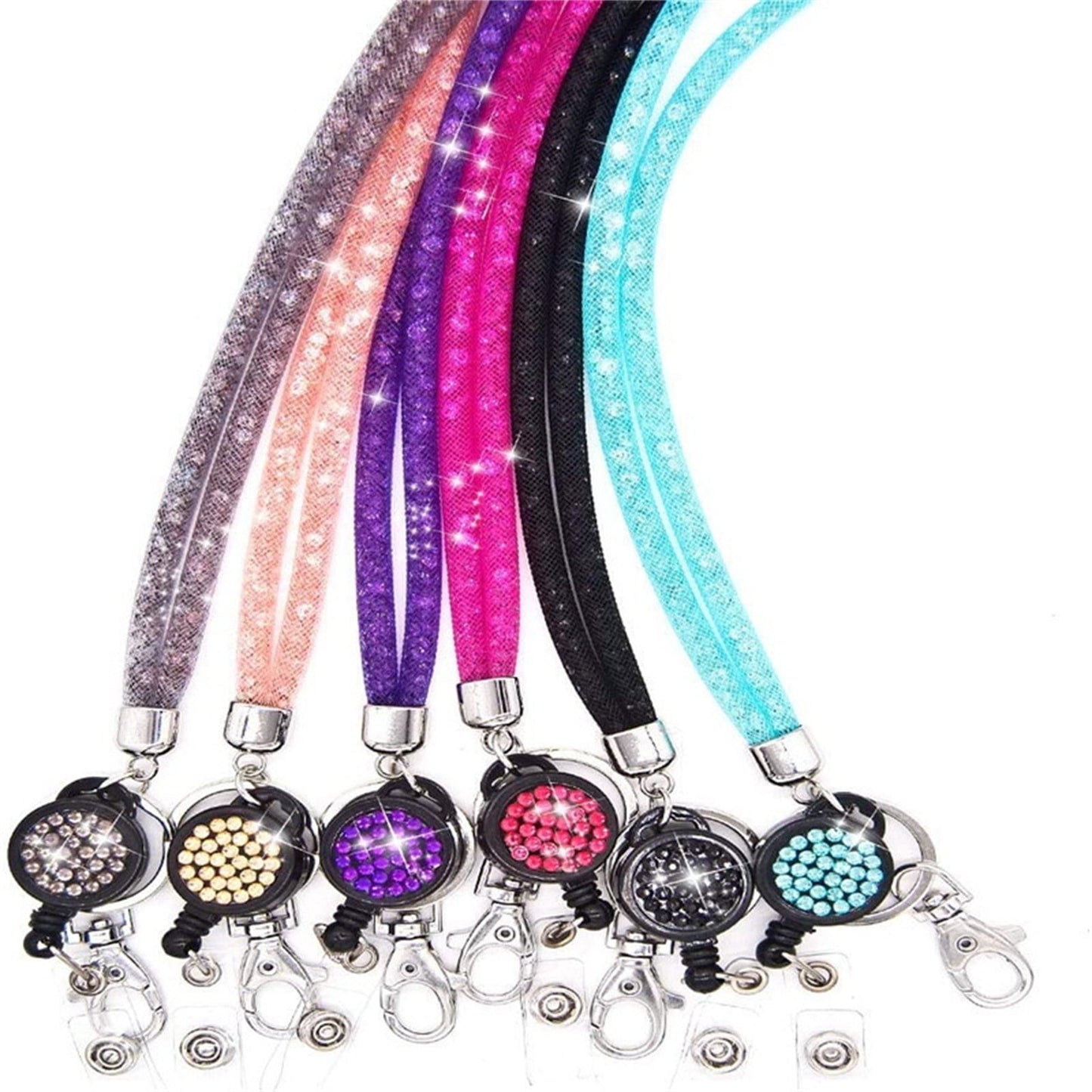 Retractable ID Badge Holder with Bling Neck Strap Lanyard, Heavy Duty Bling Badge Reel with Clear Card Holder for Office Worker Teacher Doctor (Sky Blue/1 Pcs) 3.54x2.64 3.54" x 2.64" Pink
