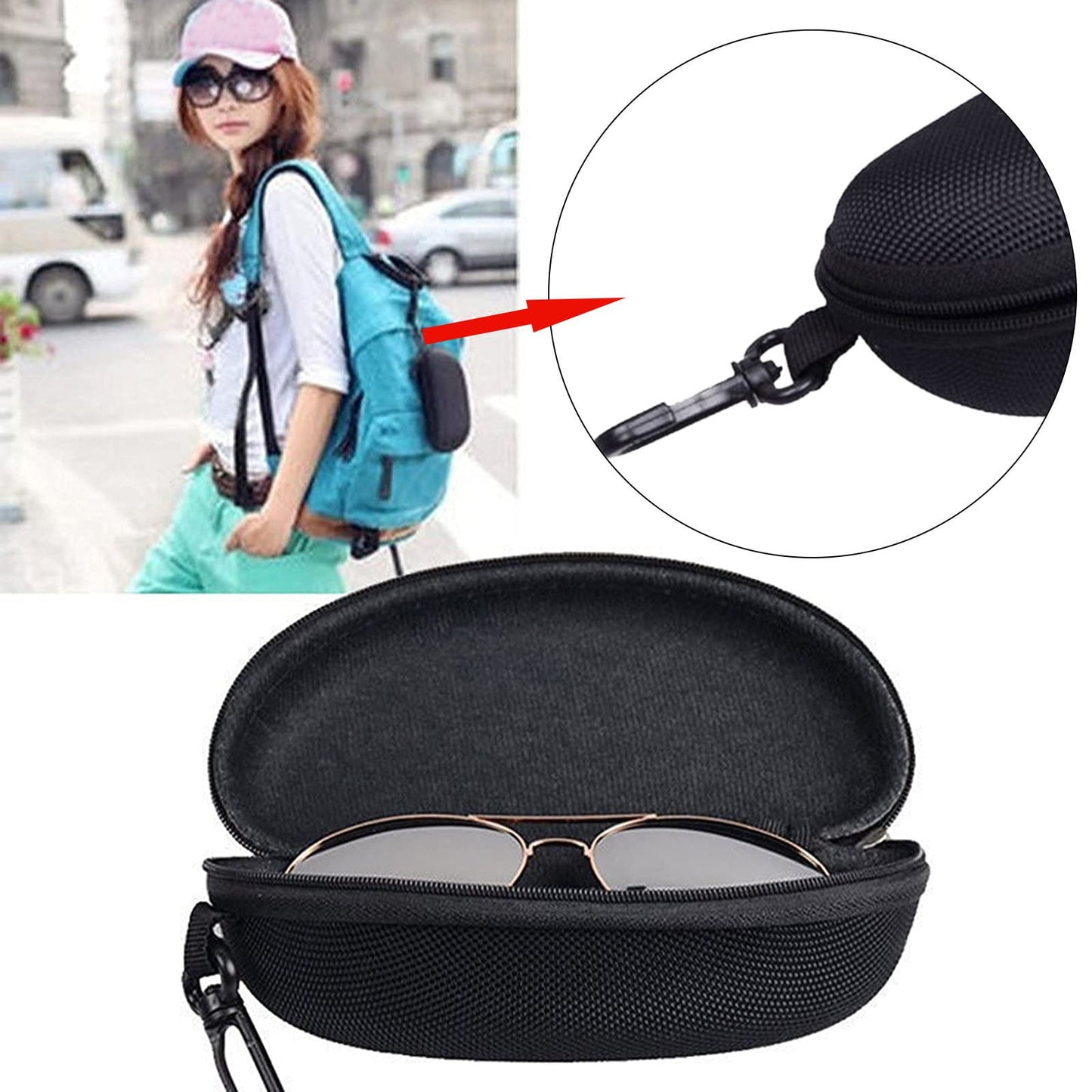 1 Pack Sunglasses Case,Glasses Case with Carabiner Travel Zipper,Hard EVA Shell Shockproof Sport Glasses Case,Portable Zipper Protect Case with Clip,Fit for All Glasses, Safety Goggles(Hot Pink) Black