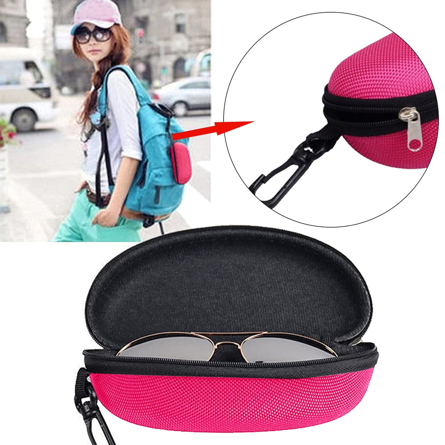 1 Pcs Eyeglass Sunglasses Cases,Sunglasses Case,Portable Travel Zipper Eyeglasses Frame,Glasses Case Hook For Mens And Womens,Portable Eyeglasses Case With Zipper,Hard Sunglasses Case,Black Hot Pink