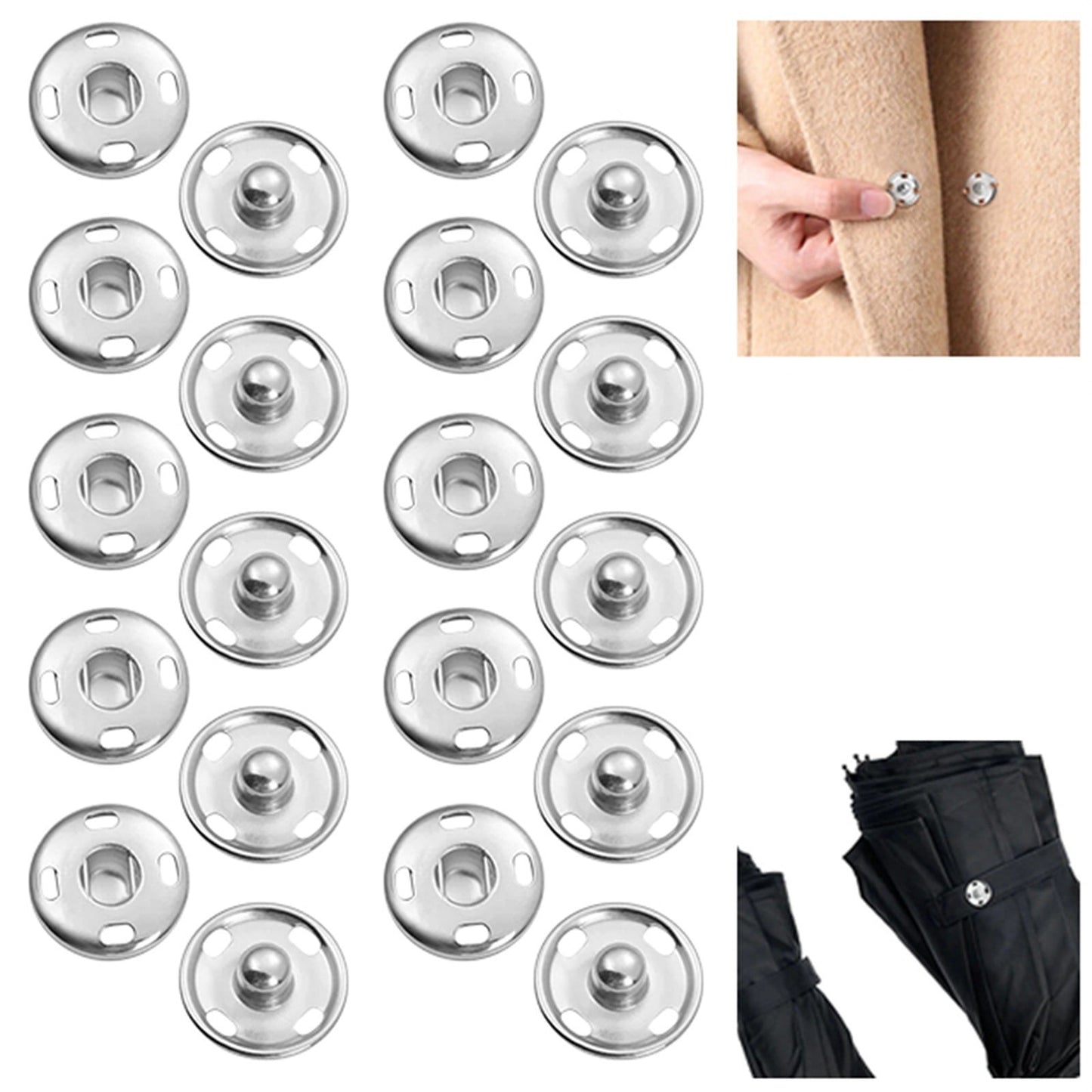Snap Buttons for Clothes, Heavy Duty Metal Snaps for Fabric, 15mm Metal Sewing Snaps, Press Studs for Sewing Clothes Jeans Handbag DIY Craft Projects (Silver/10 Sets) 0.59 Inches 0.59" Silver*20 Set