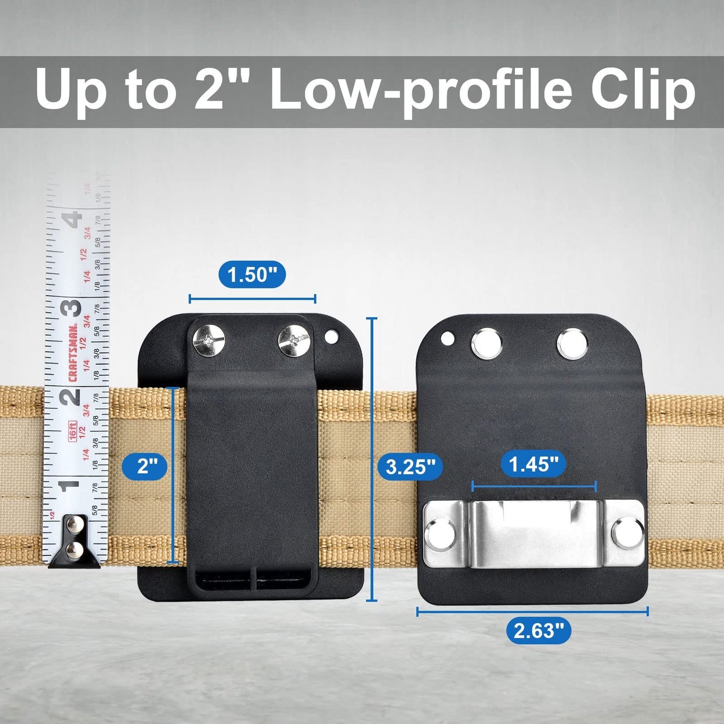 2 Pack Tape Measure Holder for Belt, Low-Profile Tape Measure Belt Clip, Fits up to Tool Belt, Tape Accessories
