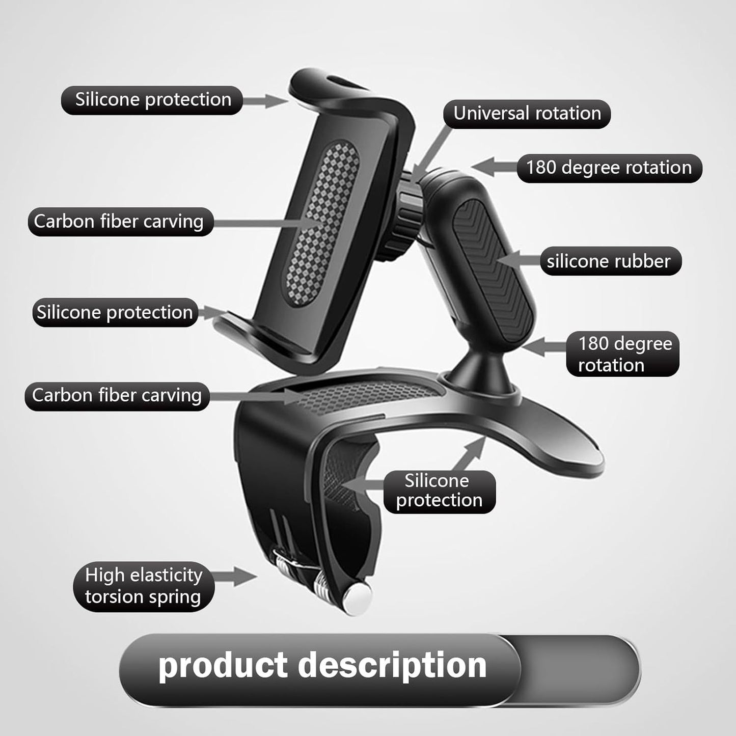 1 PC Car Dashboard Cell Phone Holder,Rotation Dashboard Phone Holder, Multifunctional Sun Visor Rearview Mirror Navigation Mount, Compatible with 4-7 Inch Smartphones (Black)