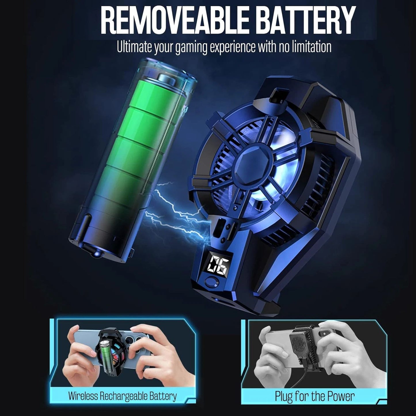 Phone Cooler with Battery, Phone Cooling Fan for Gaming Fit All Types of iPhone Android Smartphones, Mobile Phone Radiator with LED Temperature Display/Universal Clamp