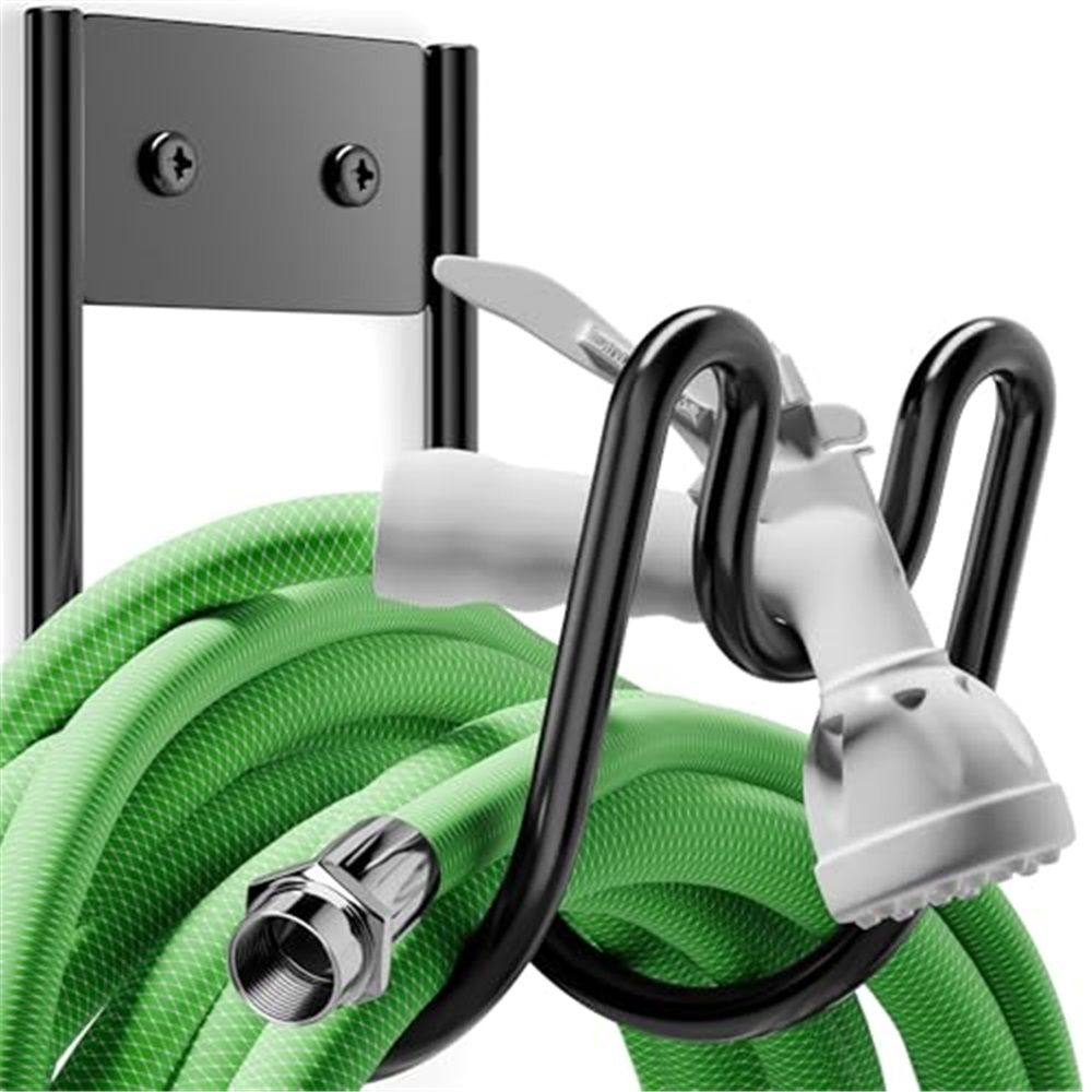 Black Metal Garden Hose Holder - Wall Mounted Water Hose Holder - Hose Hanger Heavy Duty for Water Hose Extension Cords Vacuum Hose (1 Pack)