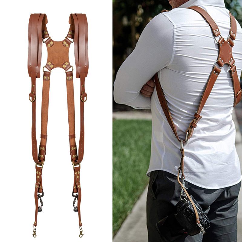 Camera Strap,Camera Straps for Photographers,Leather Dual Camera Strap for Two Cameras (Brown) Dual Camera Harness Strap with Padded for Two Cameras