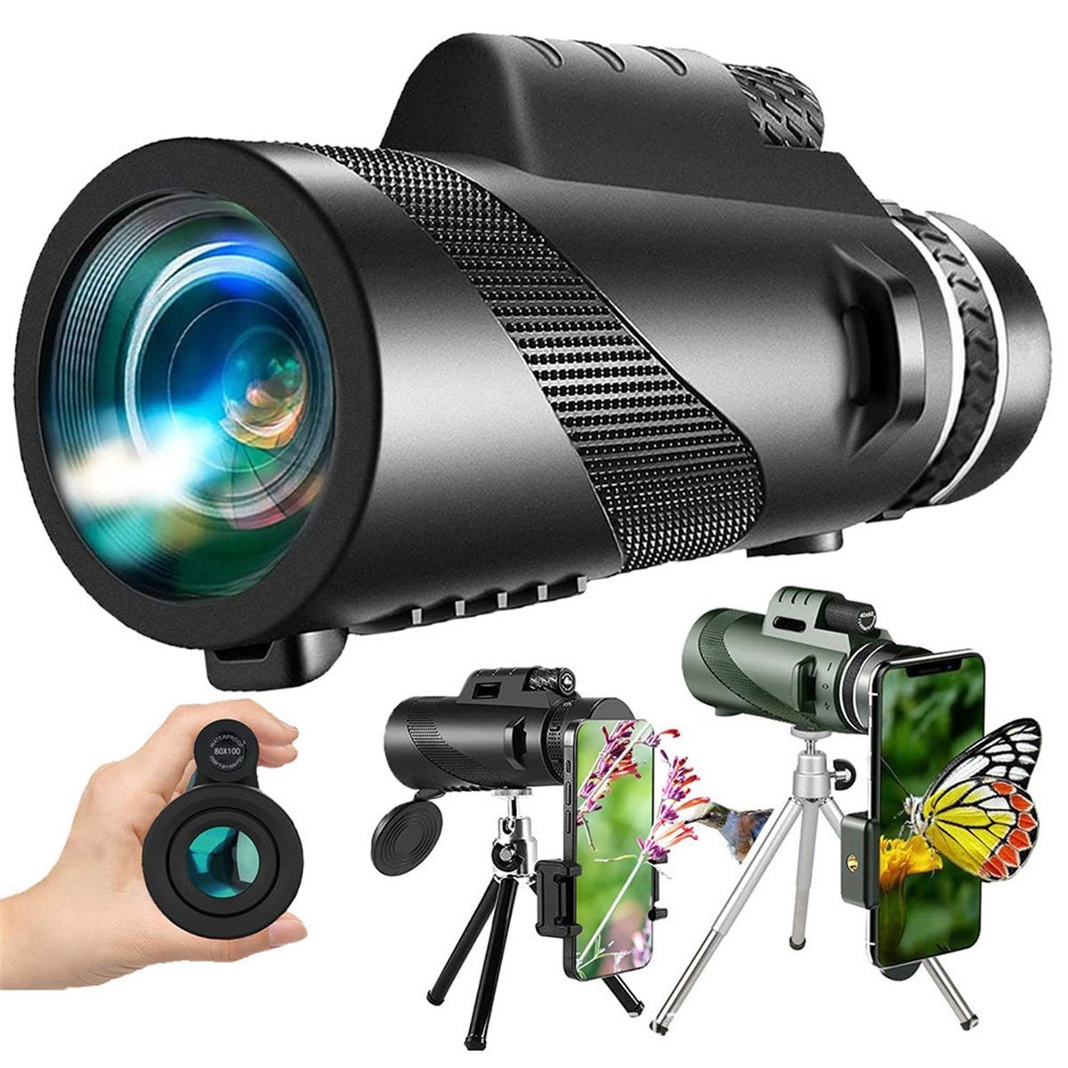 80*100 HD Monocular Telescope for Adults high Powered | Comes with Smartphone Adapter Tripod Hand Strap | Suitable for Bird Watching Sports Hiking Traveling