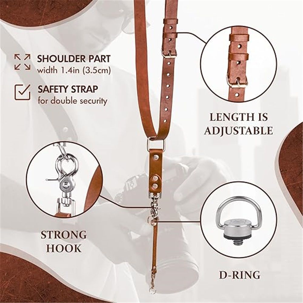 Leather camera shoulder strap, convenient universal digital device adjustment, adjustable back safety belt rope（Brown Third Generation）