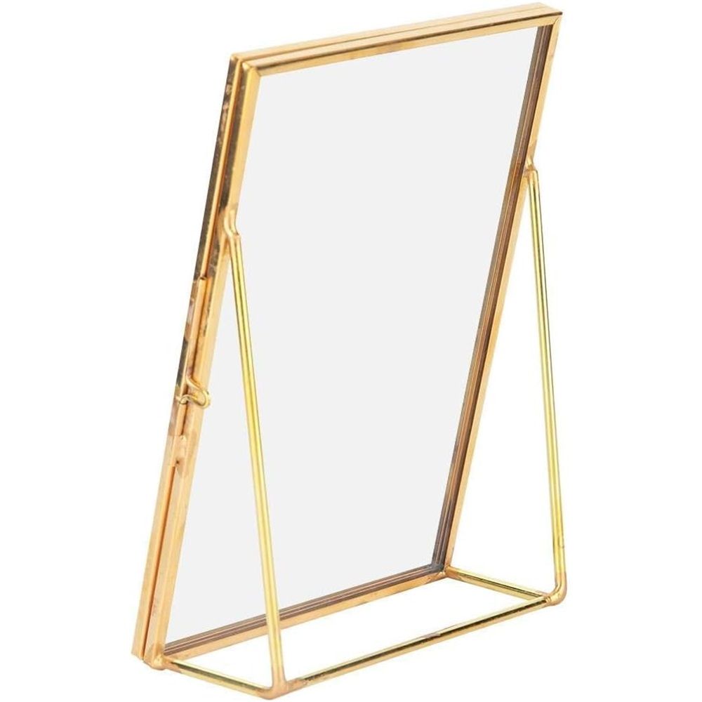 Golden floating photo frame, glass photo frame decoration, desktop stand with tilted bracket, used for pictures, floral art, souvenirs, home office wedding decoration（15*20*5.8cm）