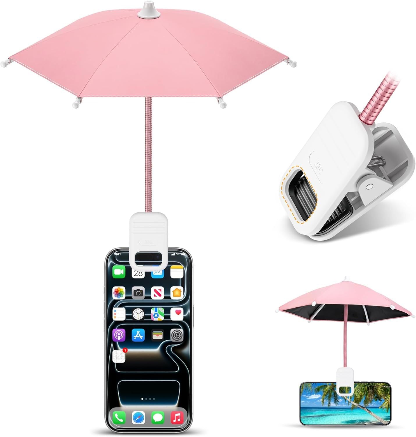 Phone Umbrella, UPF 45+ Clip-On Phone Umbrella Mini Tanning Cellphone Sun Shade Screen UV Protection for iPhone iPad Laptop Kindle Outdoor Travel Beach Pool Gifts Accessories Vacation Essentials