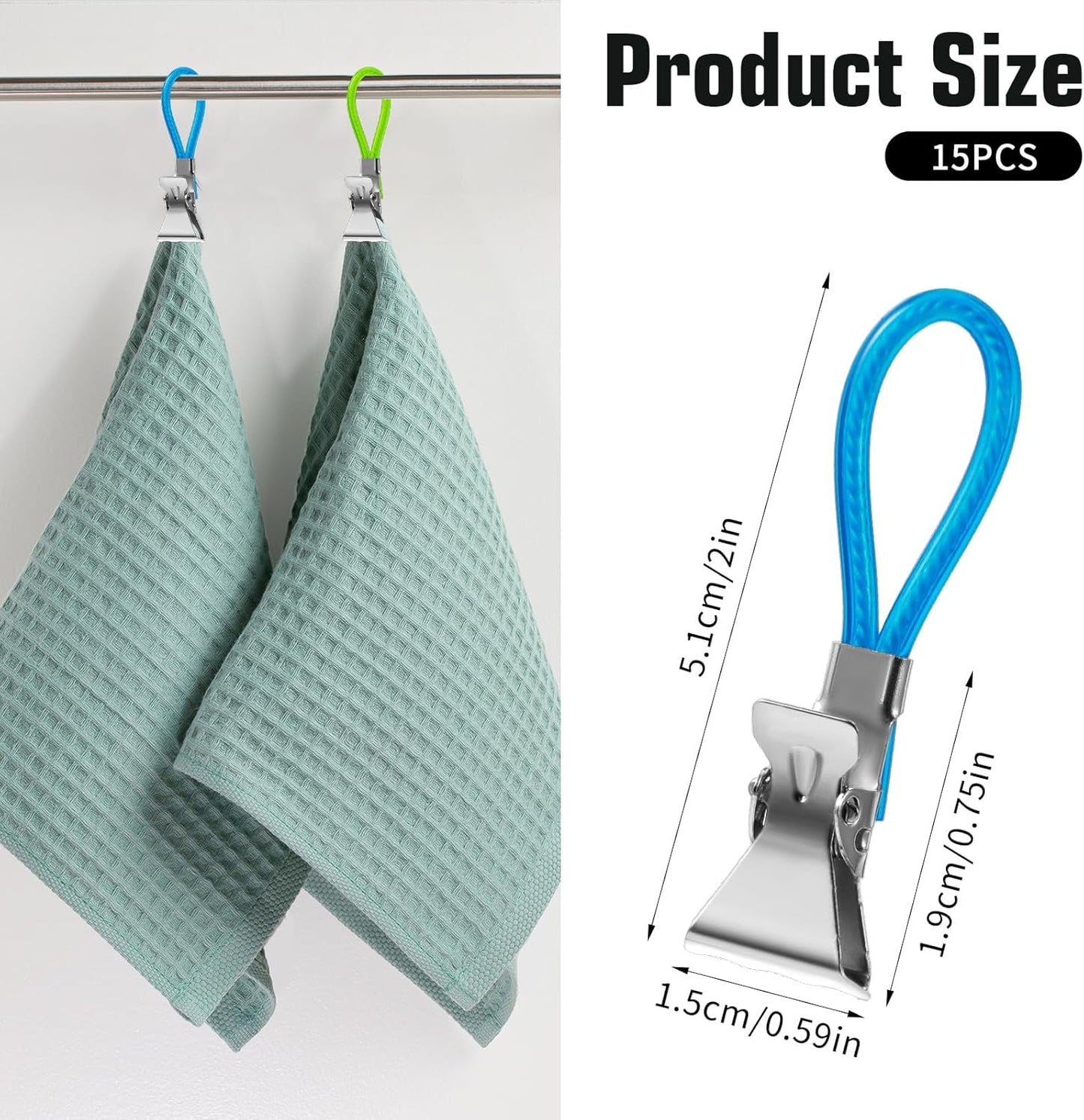 Xindojuz 15 PCS Kitchen Towel Clips, Metal Beach Chair Clips with Hanging Loop for Kitchen, Multi-Color Hanging Towels Clip Small Cloth Hook Clip Hangers for Home Bathroom Cupboards (5 Colors)