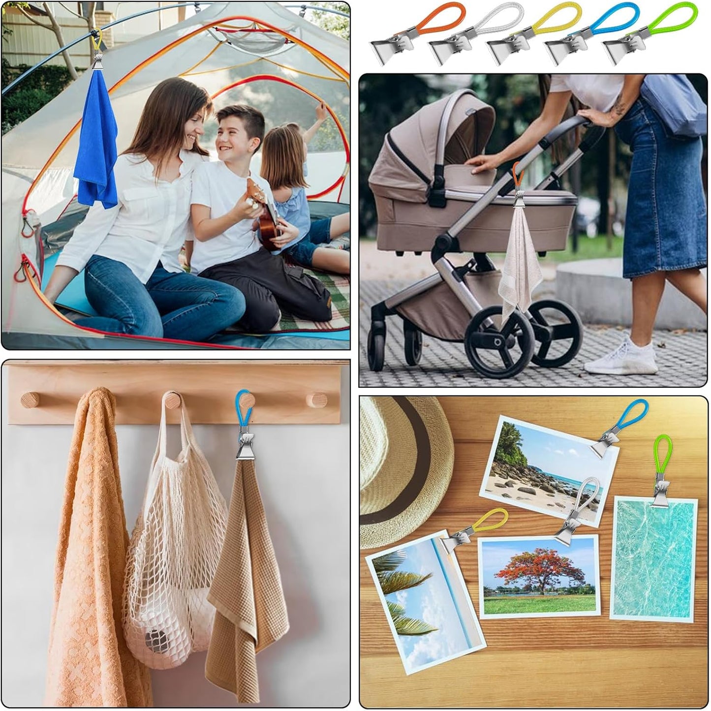 Xindojuz 15 PCS Kitchen Towel Clips, Metal Beach Chair Clips with Hanging Loop for Kitchen, Multi-Color Hanging Towels Clip Small Cloth Hook Clip Hangers for Home Bathroom Cupboards (5 Colors)