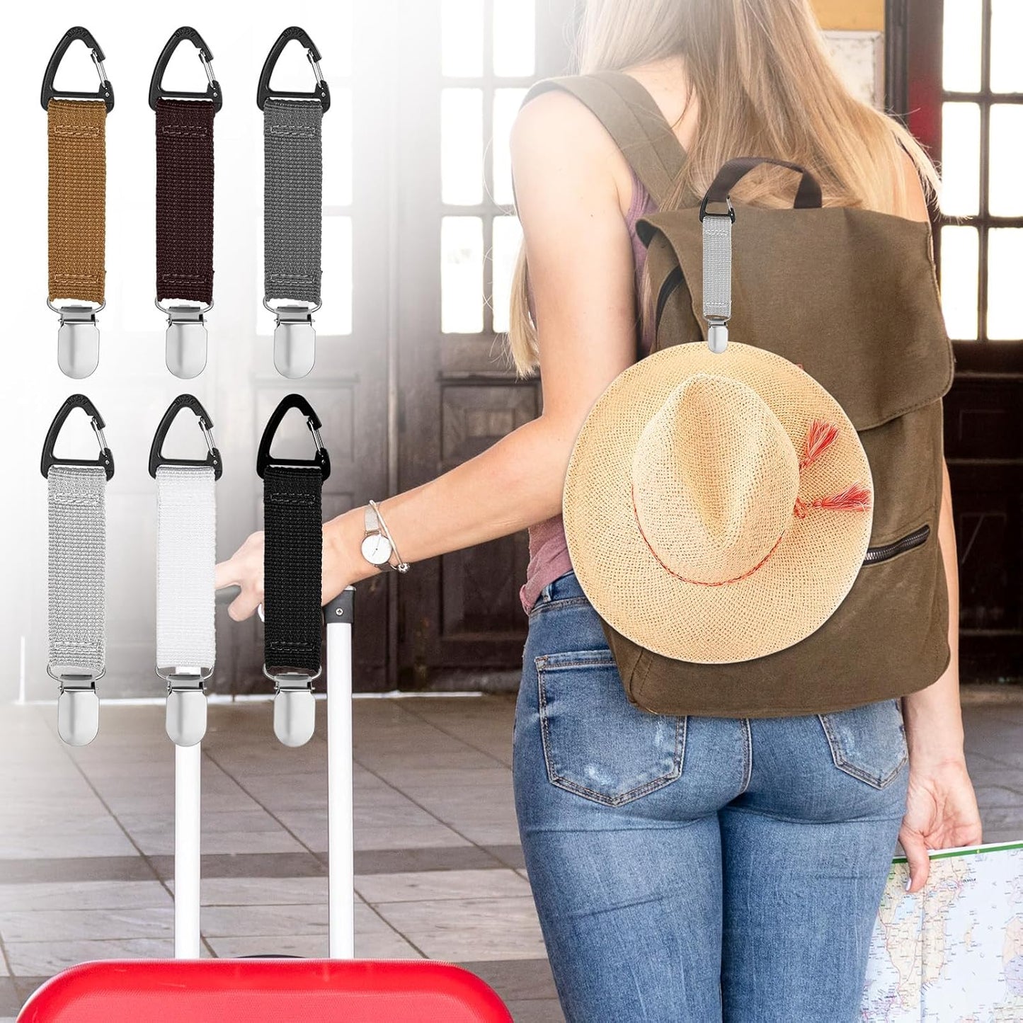 Elastic Hat Holder Hands 6 PCS Hat Clip for Travel on Bag,Free Travel Hats Clip Quick Access & Removal Hats Holder Bag Accessory for Traveling Bags Backpacks Purses Luggage Outdoor Traveling Accessory
