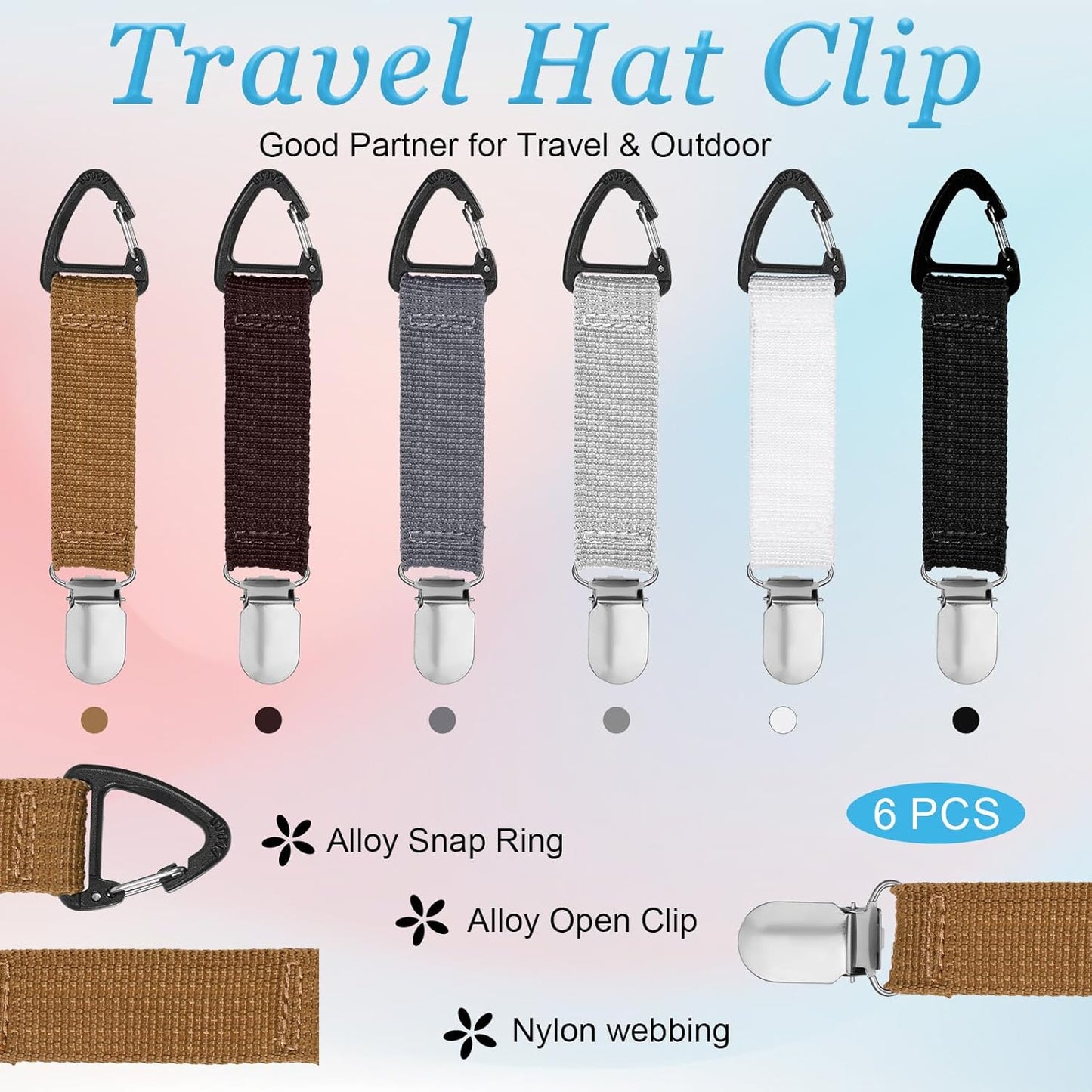 Elastic Hat Holder Hands 6 PCS Hat Clip for Travel on Bag,Free Travel Hats Clip Quick Access & Removal Hats Holder Bag Accessory for Traveling Bags Backpacks Purses Luggage Outdoor Traveling Accessory