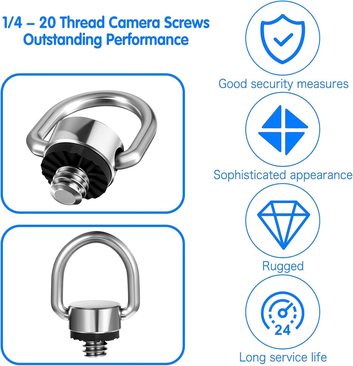 2 Pack D Ring Screw, 1/4"-20 Thread Camera Aluminum Alloy Fixing Screw with Rubber Padded Hinged Holder Quick Release Wrist Strap Sling Accessories for Tripod Camera, Selfie Stick, Gimbal (Silver)