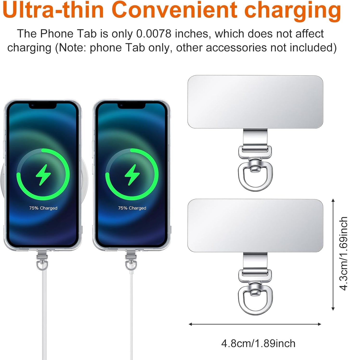 2PCS Rotatable 360° Phone Tether Tab, Stainless Steel Phone Lanyard Tab Rectangle Tether Tabs for Most Full Coverage Cases, Universal Cellphone Wrist Crossbody Strap(Silver)