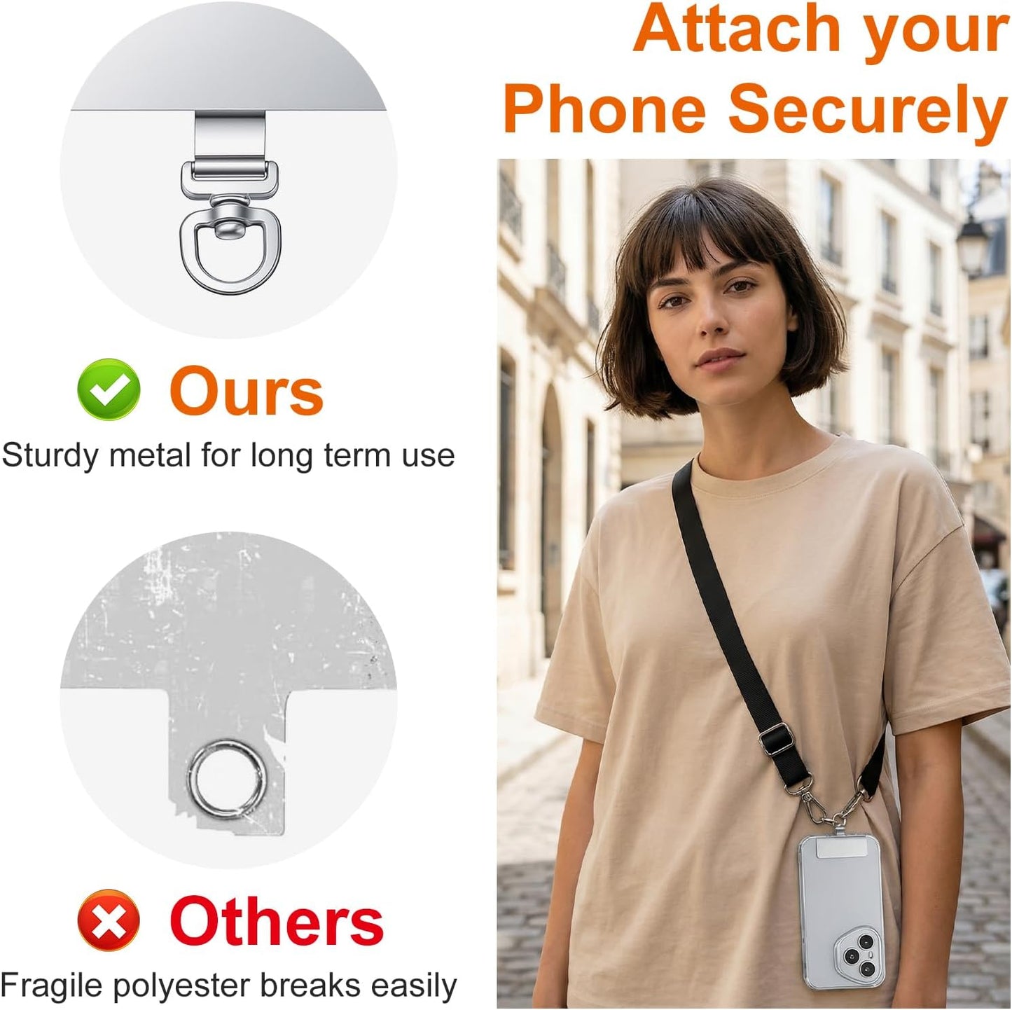 2PCS Rotatable 360° Phone Tether Tab, Stainless Steel Phone Lanyard Tab Rectangle Tether Tabs for Most Full Coverage Cases, Universal Cellphone Wrist Crossbody Strap(Silver)