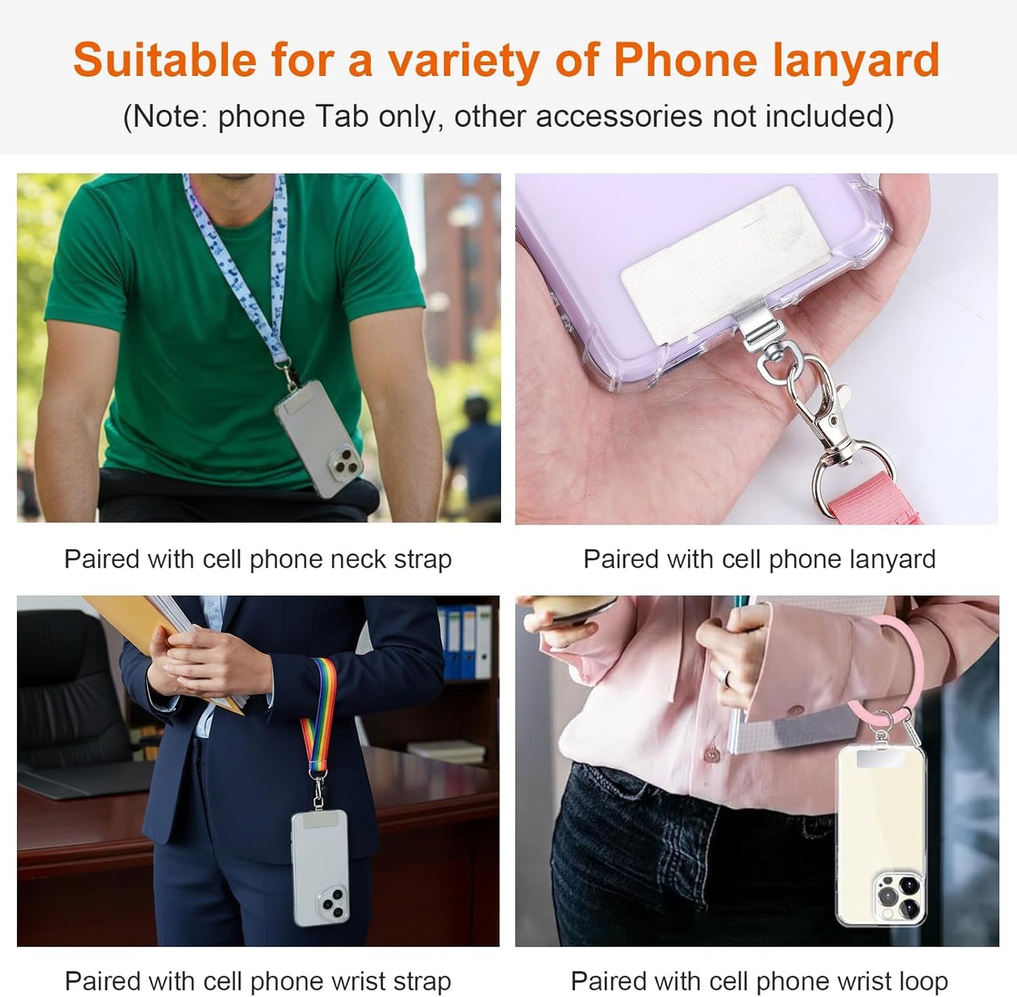 2PCS Rotatable 360° Phone Tether Tab, Stainless Steel Phone Lanyard Tab Rectangle Tether Tabs for Most Full Coverage Cases, Universal Cellphone Wrist Crossbody Strap(Silver)