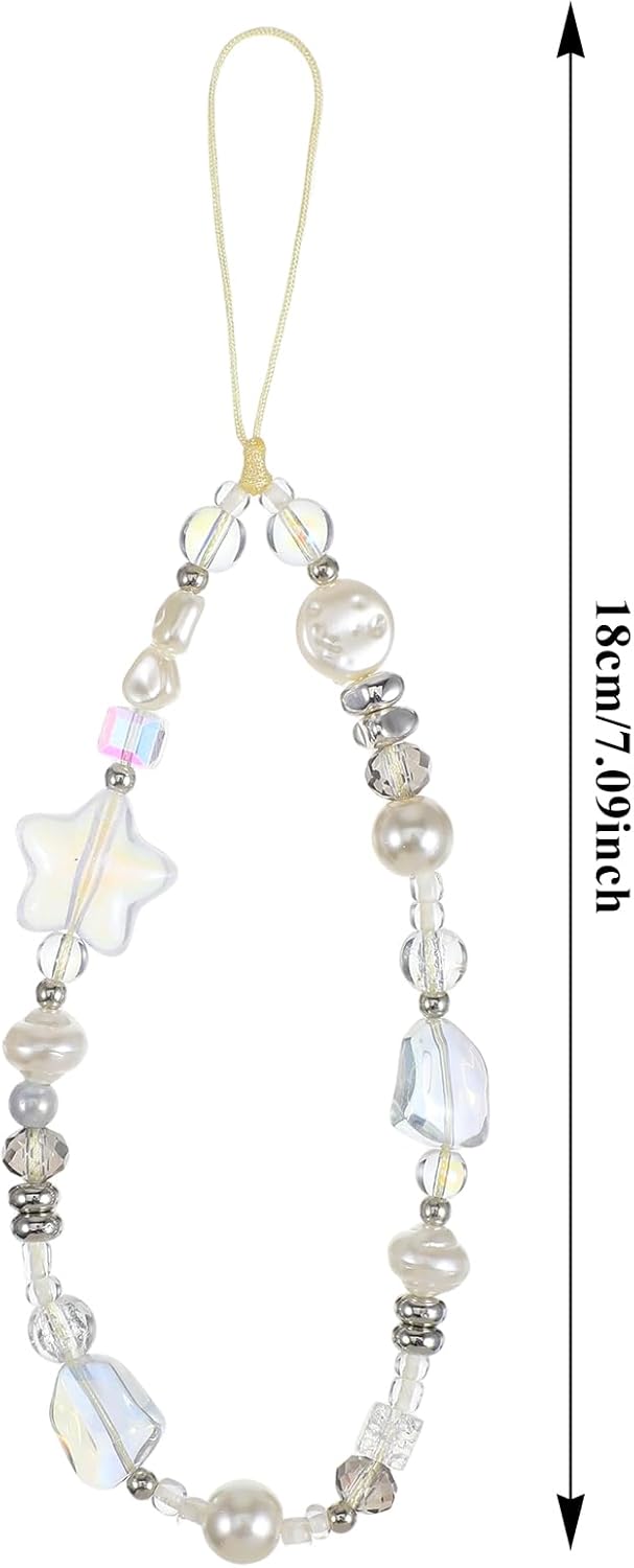 Beaded Camera Strap Wrist Cute Glass Beads Star Digital Phone Wrist Charms, Y2k Style Pearl Camera Charm Strap for Phone Case Bag Keychain Wallet(Silver-White)