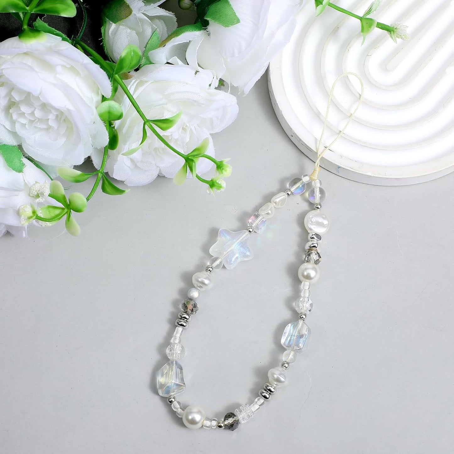 Beaded Camera Strap Wrist Cute Glass Beads Star Digital Phone Wrist Charms, Y2k Style Pearl Camera Charm Strap for Phone Case Bag Keychain Wallet(Silver-White)