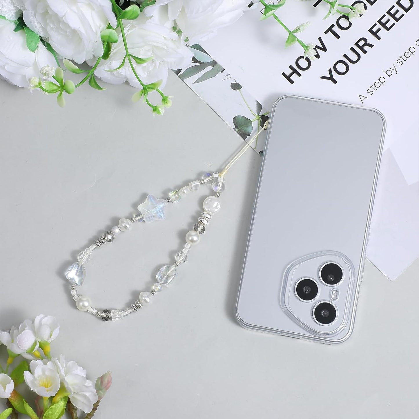 Beaded Camera Strap Wrist Cute Glass Beads Star Digital Phone Wrist Charms, Y2k Style Pearl Camera Charm Strap for Phone Case Bag Keychain Wallet(Silver-White)