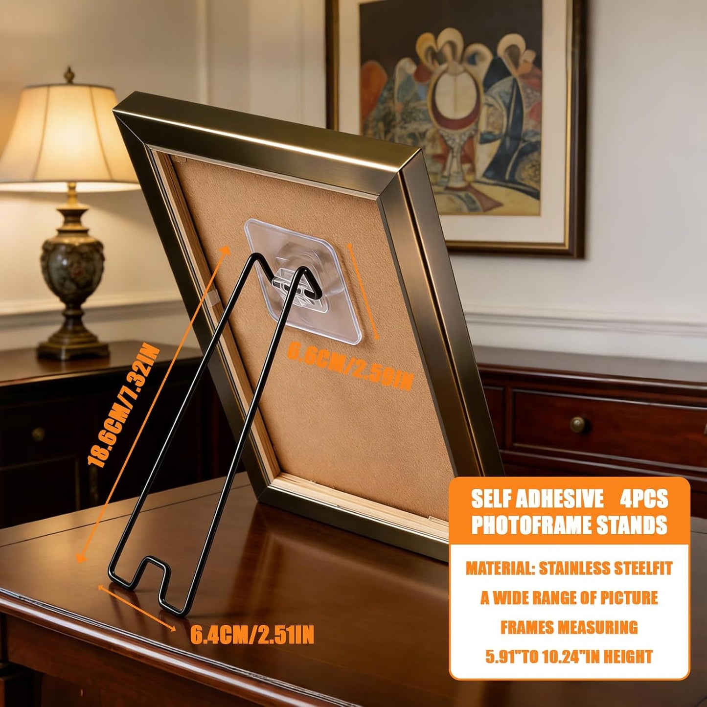 4Pcs Picture Frame Stand - Black Metal Table top easel -Heavy Duty Picture Holder Stand with Self-Adhesive for 5.9 to 10.2 inch Picture Frame Easel 5.12“ x 2.17”