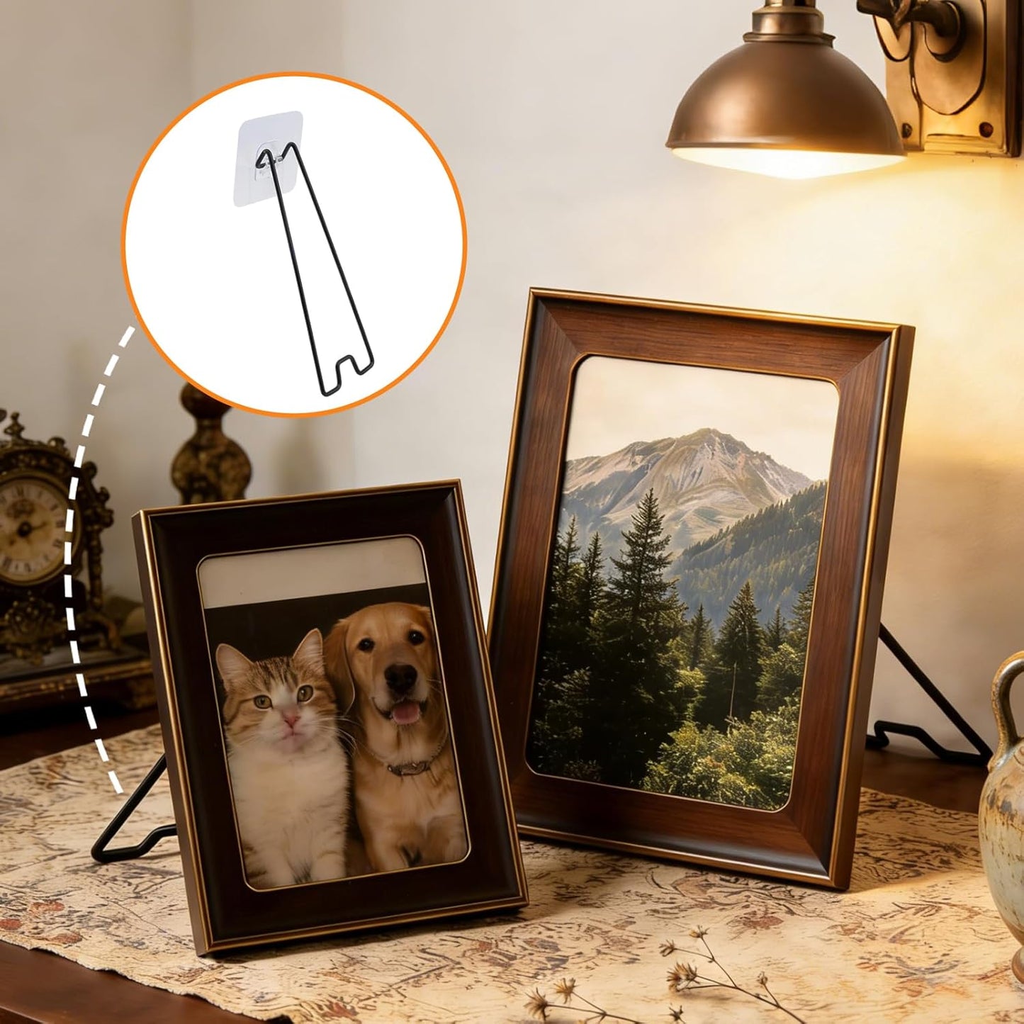 4Pcs Picture Frame Stand - Black Metal Table top easel -Heavy Duty Picture Holder Stand with Self-Adhesive for 5.9 to 10.2 inch Picture Frame Easel 5.12“ x 2.17”