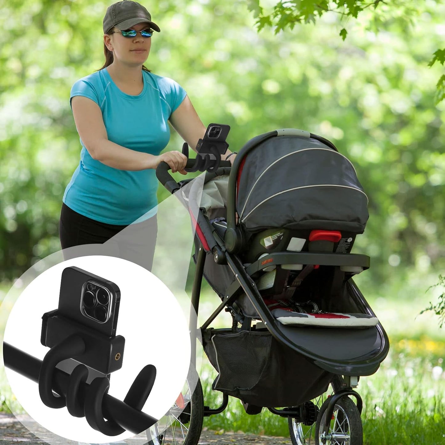 Amylove 2 Pcs Stroller Phone Holder Portable Cell Phone Holder Stand Universal Stroller Accessories for Parent Baby Toddler Cellphone Clamp with Non Slip Silicone Arm Grip(Black,Novel)