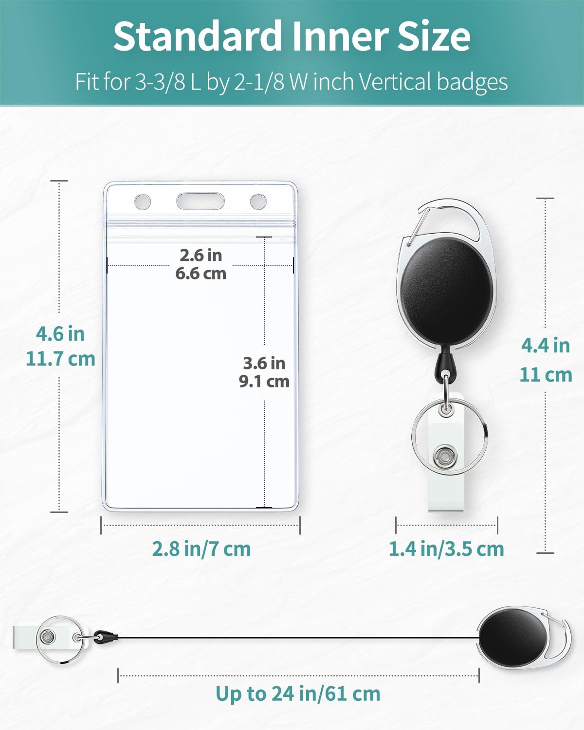 Badge Holder Vertical Clear Plastic Case with Retractable Badge Reel Carabiner Clip with Swivel Alligator Clip Soft Waterproof Card Protector