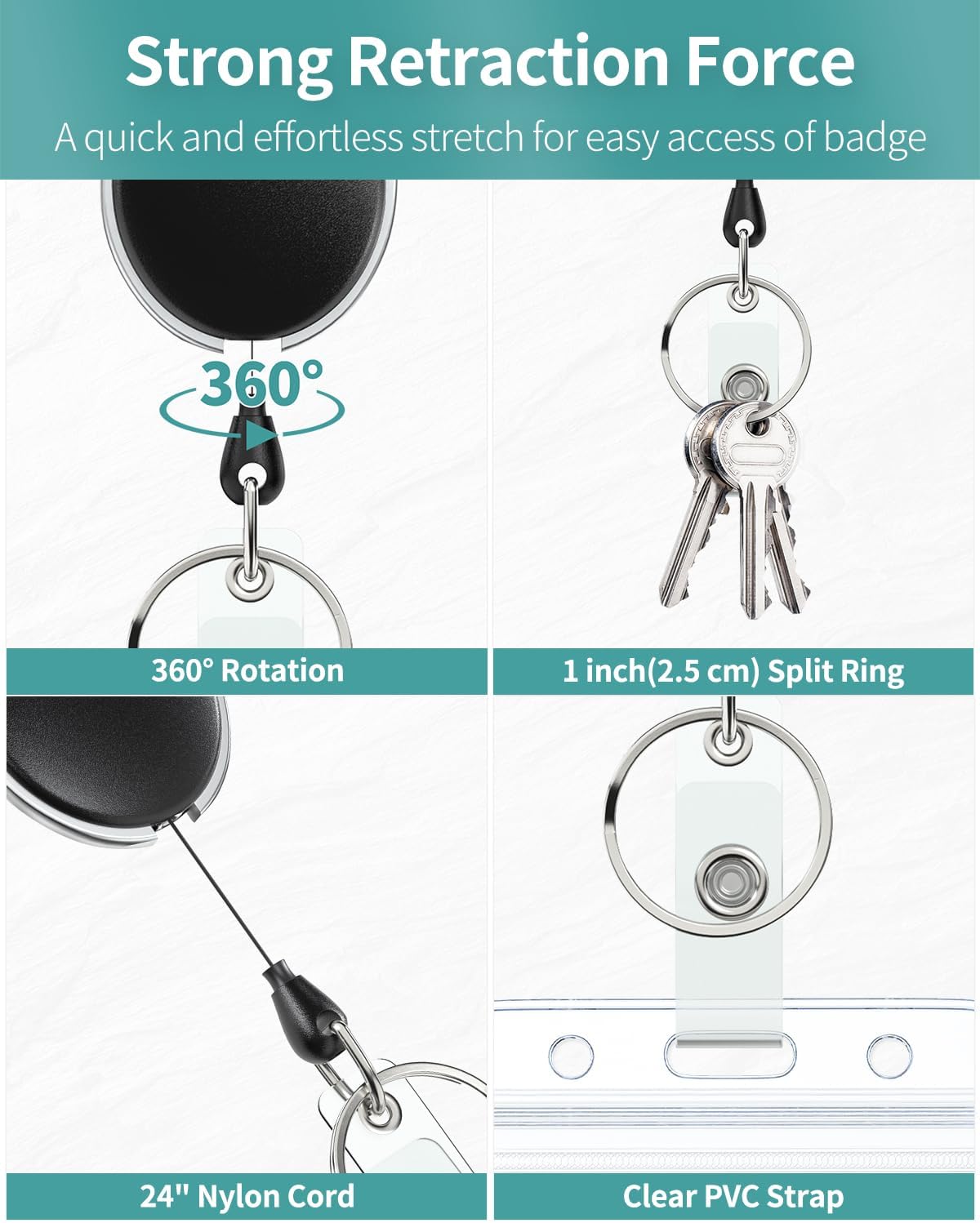 Badge Holder Vertical Clear Plastic Case with Retractable Badge Reel Carabiner Clip with Swivel Alligator Clip Soft Waterproof Card Protector