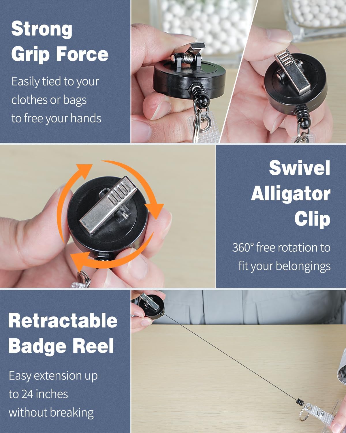 Badge Holder Vertical Clear Plastic Case with Retractable Badge Reel Carabiner Clip with Swivel Alligator Clip Soft Waterproof Card Protector
