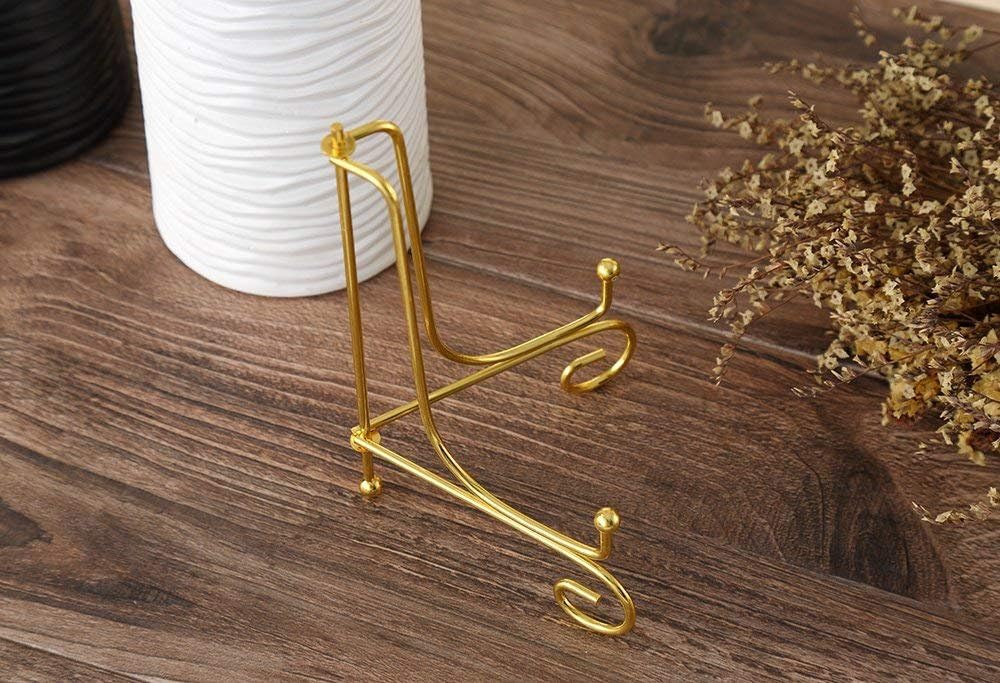 Plate Stands for Display 4 Inch - Decorative Plate Holder - Gold Metal Picture Stand for Table - Small Easels for Display Card, Photo, Mini Sign, and PSA Slab - Ideal for Party and Wedding - 2 Pack