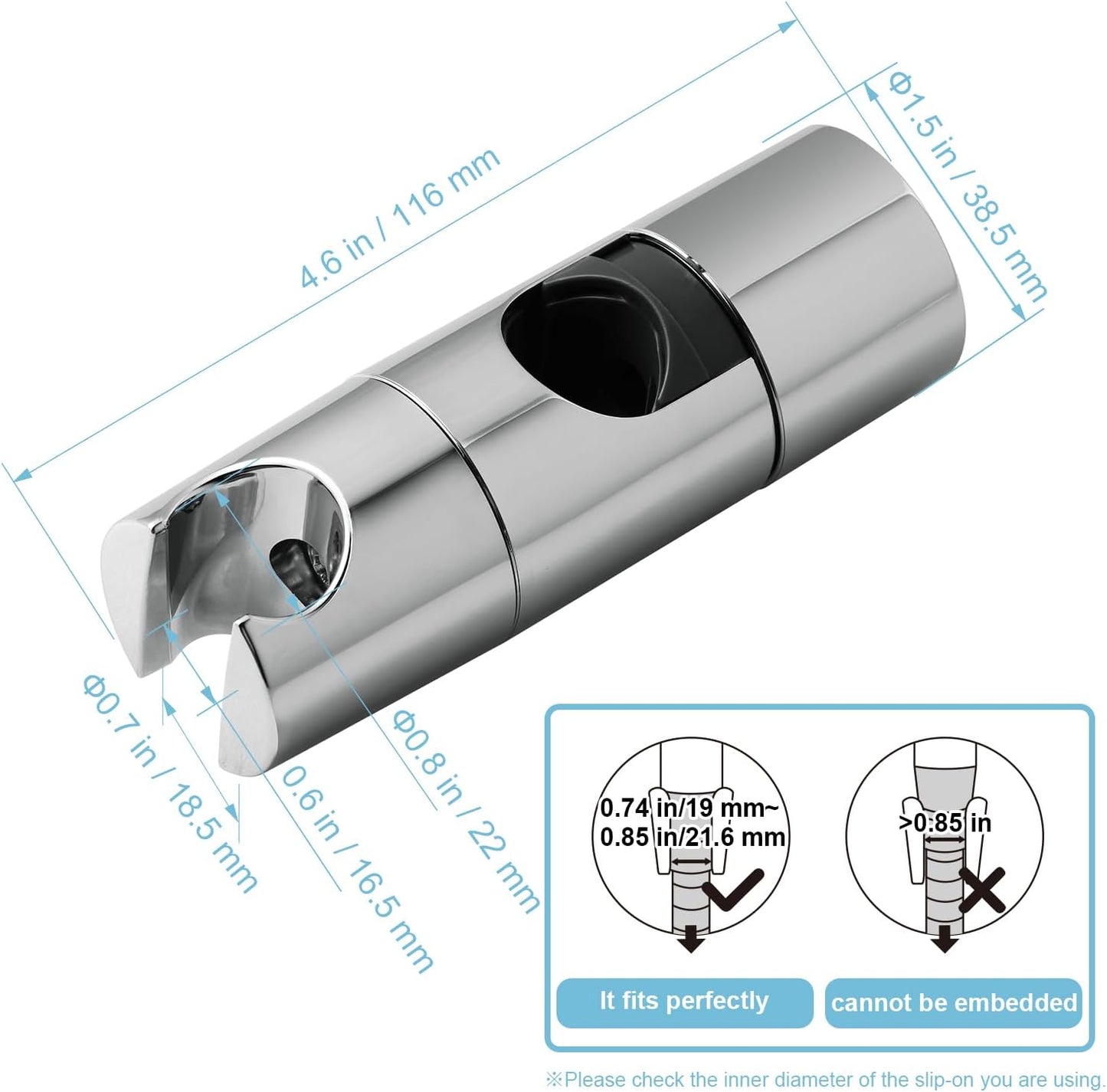 Shower Head Holder, Adjustable 0.75-1.00 in(19-25 mm) Diameter Hand Shower Holder Bracket for Slide Bar, Detachable Slider Clamp Bathroom Replacement, 360 Degree Rotation Sprayer Holder, Chrome