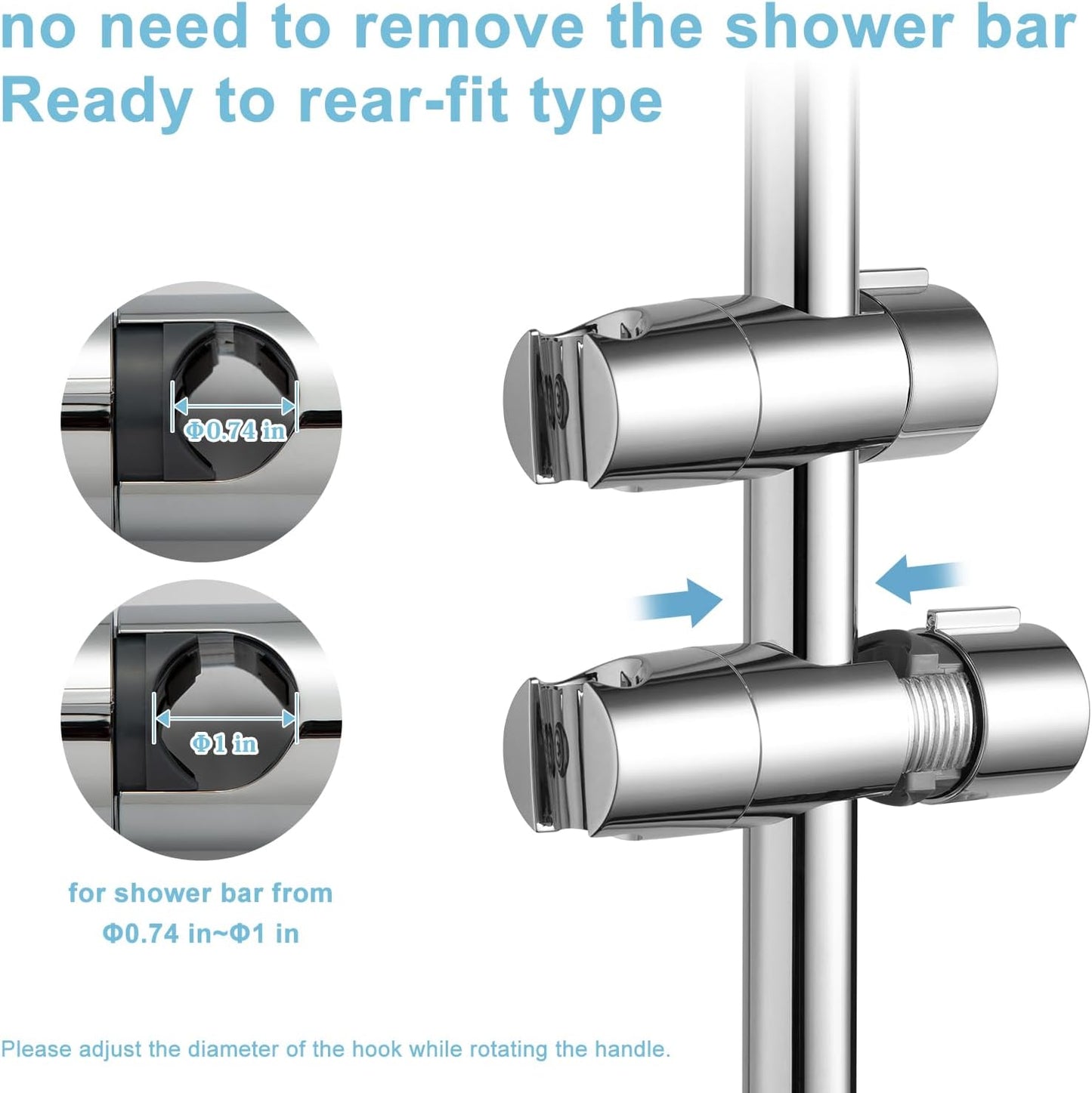 Shower Head Holder, Adjustable 0.75-1.00 in(19-25 mm) Diameter Hand Shower Holder Bracket for Slide Bar, Detachable Slider Clamp Bathroom Replacement, 360 Degree Rotation Sprayer Holder, Chrome
