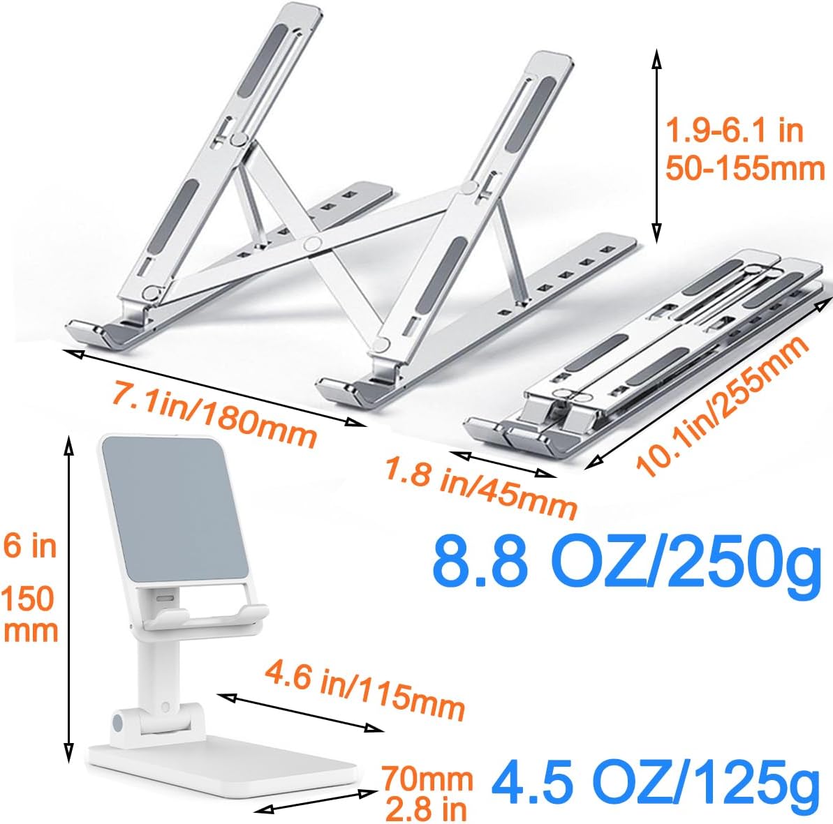 Portable Aluminum Laptop & Phone Stand, Adjustable, Foldable, Ergonomic, for MacBook, iPad, Tablets & Smartphones, Office Desk Accessories