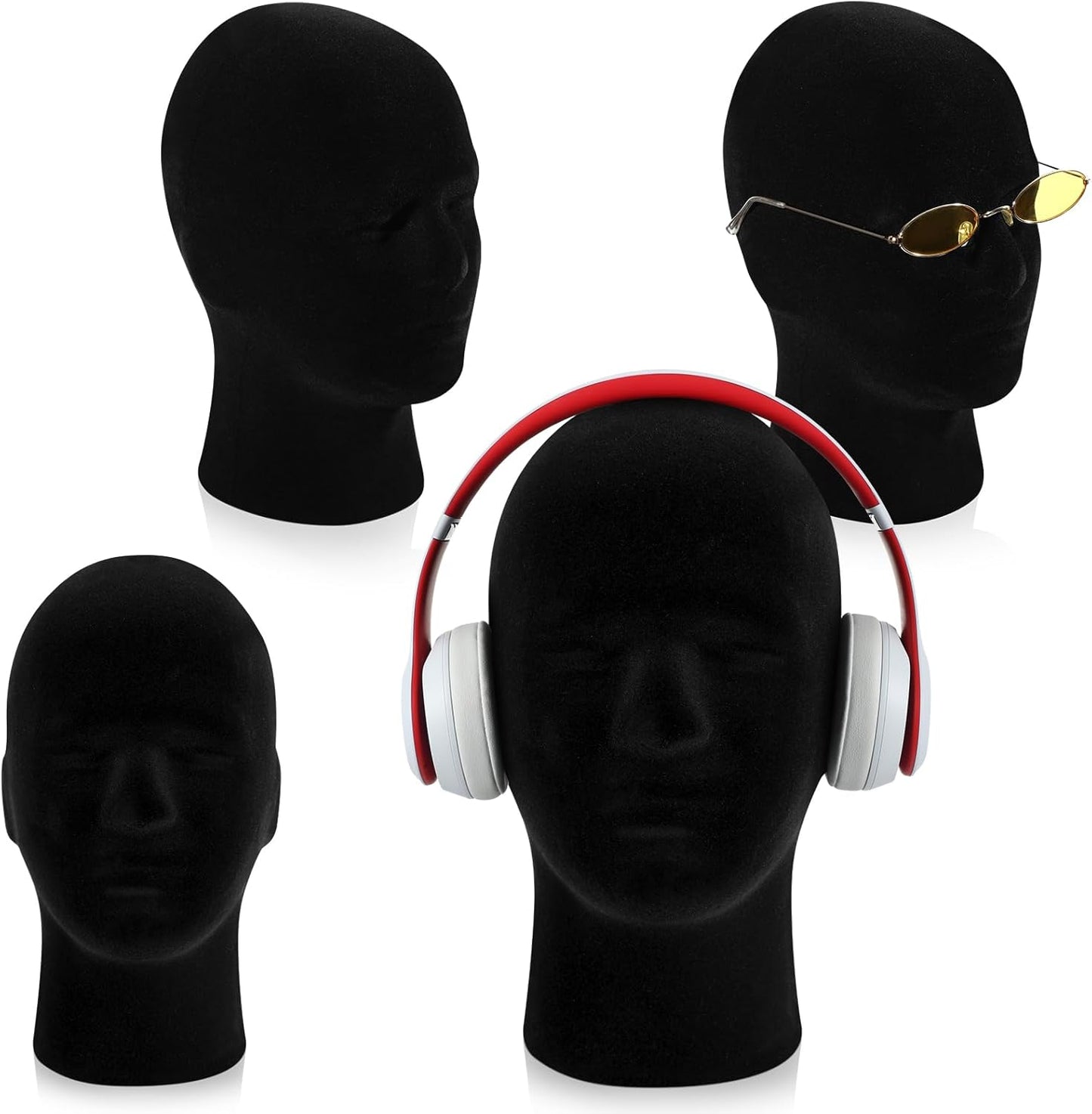 4 Pcs Black Mannequin Head Stand Model Male Wigs Display Model Velvet Foam Mask Display Stand Headsets Mount Manikin Head or Wig Hat Glasses