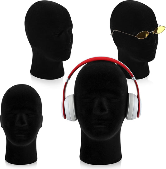 4 Pcs Black Mannequin Head Stand Model Male Wigs Display Model Velvet Foam Mask Display Stand Headsets Mount Manikin Head or Wig Hat Glasses