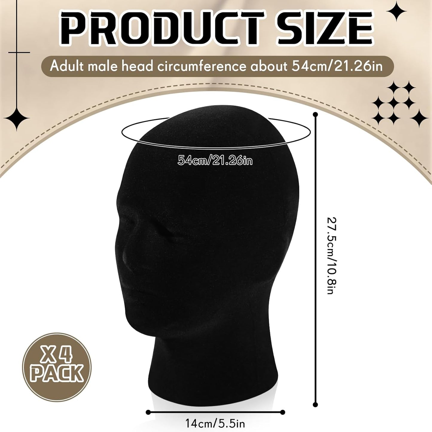 4 Pcs Black Mannequin Head Stand Model Male Wigs Display Model Velvet Foam Mask Display Stand Headsets Mount Manikin Head or Wig Hat Glasses