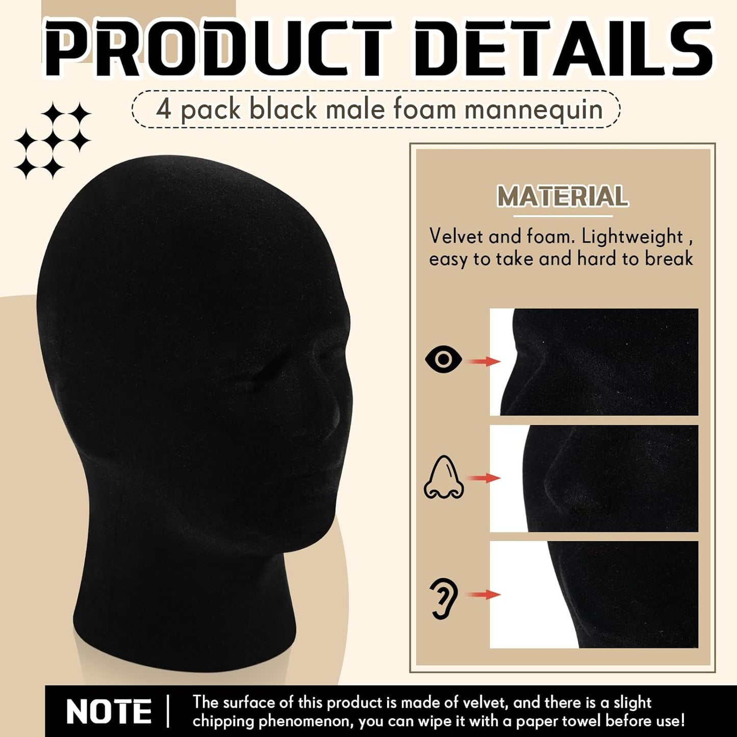 4 Pcs Black Mannequin Head Stand Model Male Wigs Display Model Velvet Foam Mask Display Stand Headsets Mount Manikin Head or Wig Hat Glasses